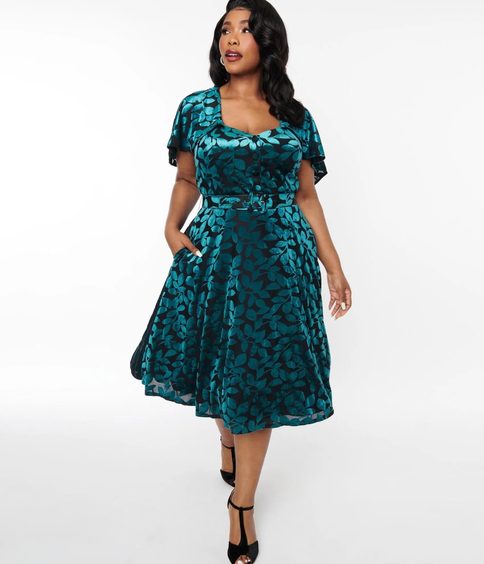 Unique Vintage Plus Size 1950s Teal & Black Velvet Burnout Capelet Swing Dress Flash Sale