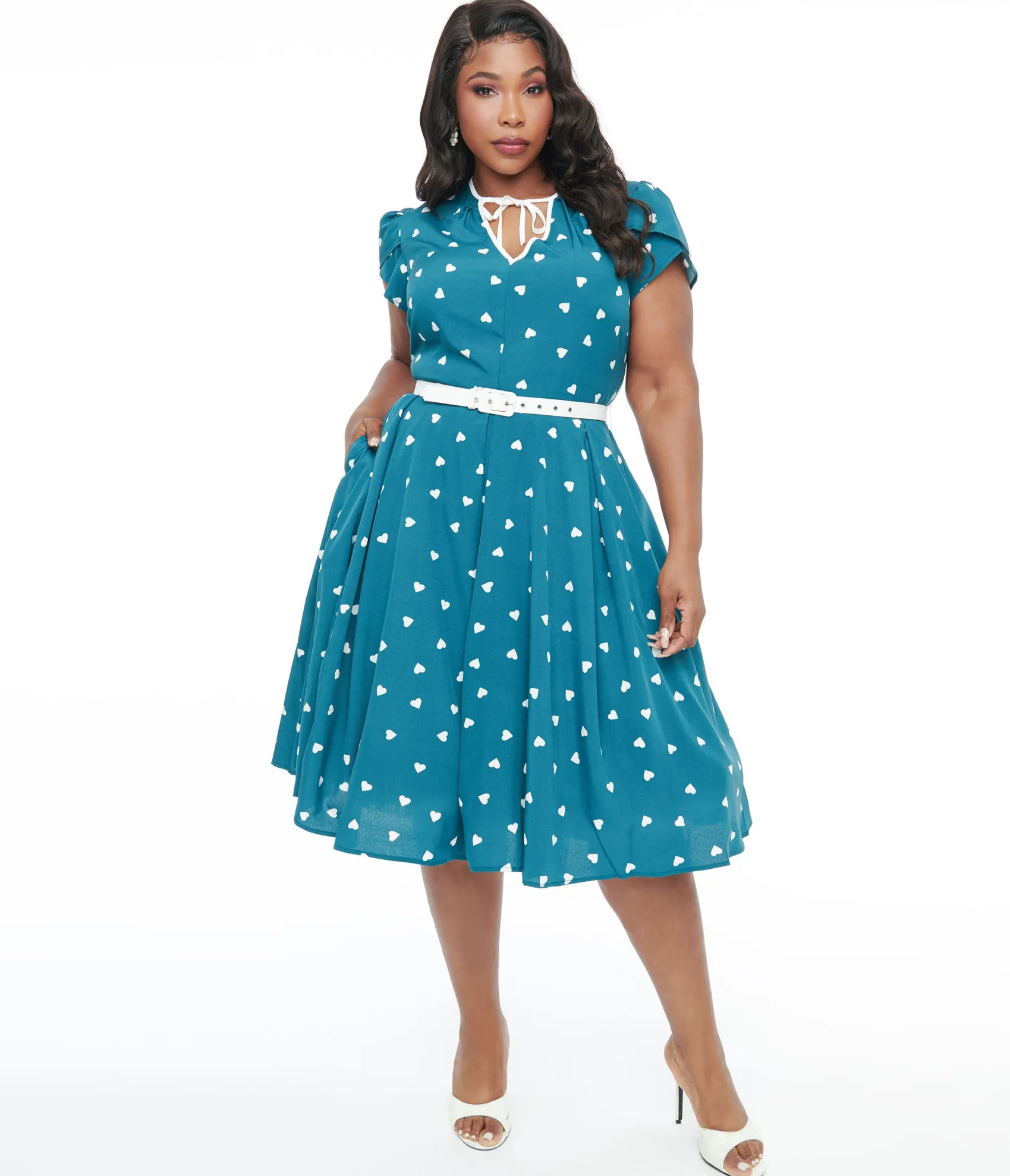 Unique Vintage Plus Size 1940s Teal & White Heart Dahlia Swing Dress Cheap