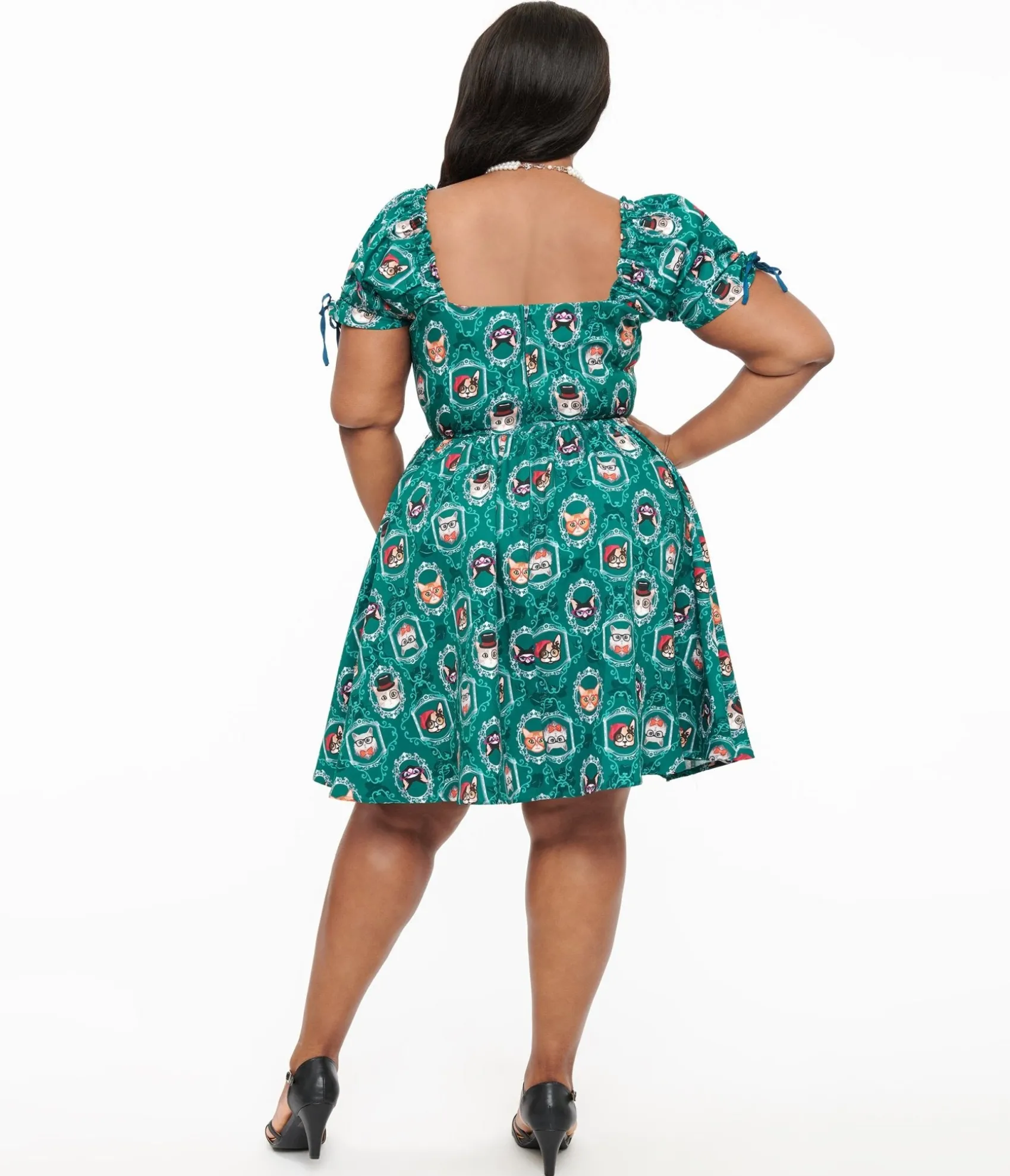 Unique Vintage Plus Size 1950s Teal Cat Print Swing Dress Store