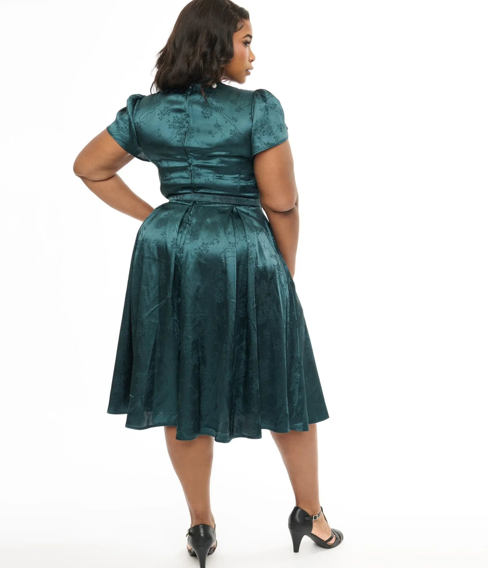 Unique Vintage Plus Size 1940s Teal Floral Print Dahlia Swing Dress Discount