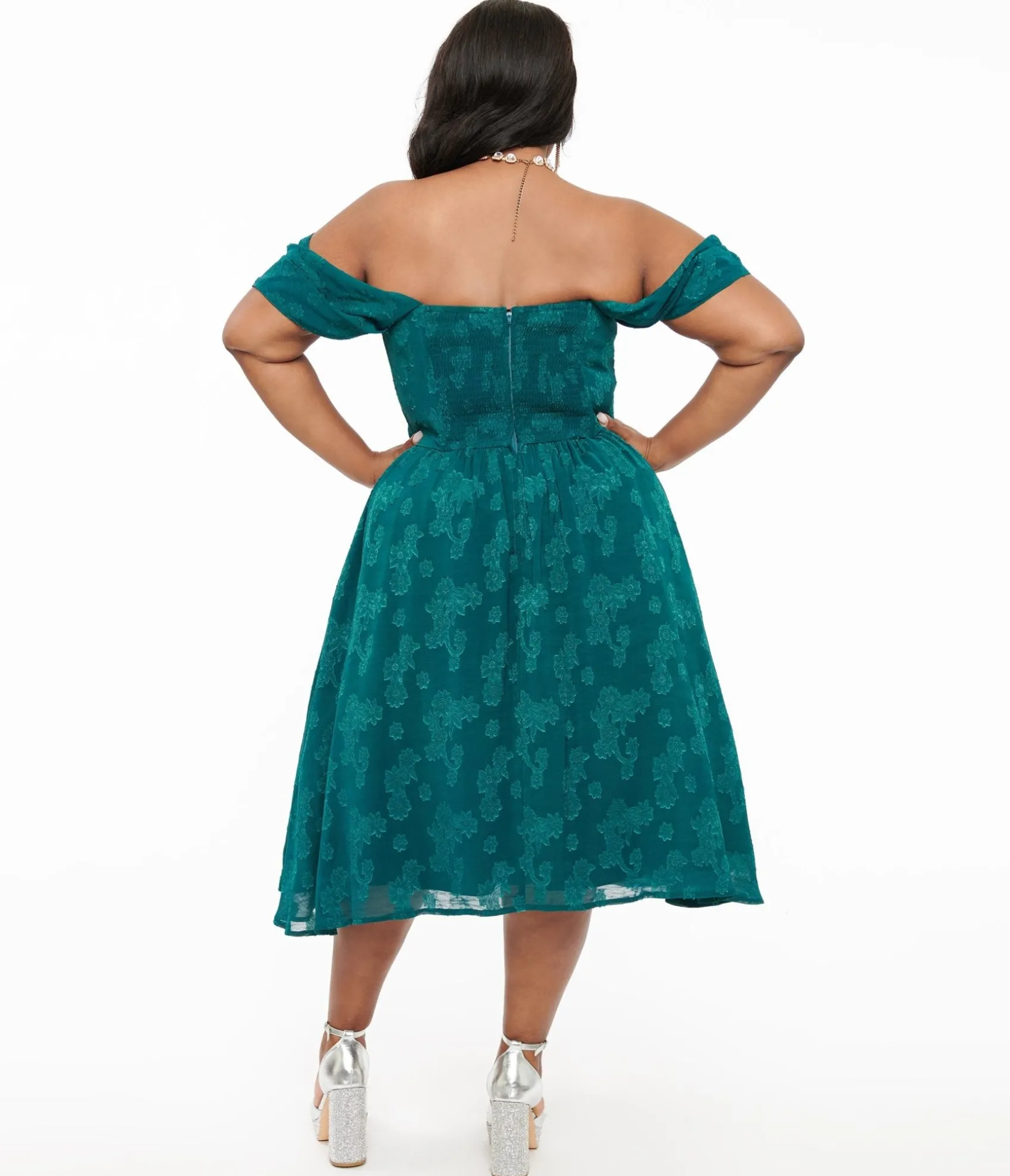 Unique Vintage Plus Size 1950s Teal Jacquard Off Shoulder Flare Dress Online