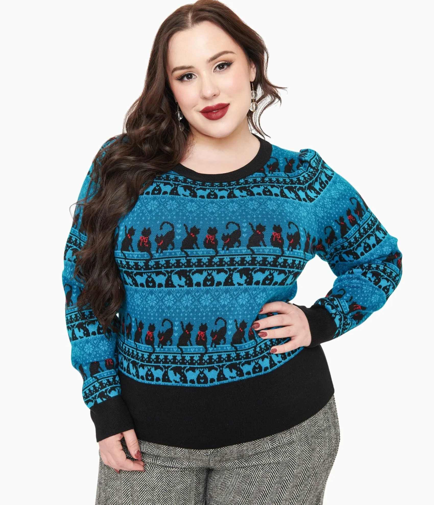 Unique Vintage Plus Size 1950s Teal Snowflakes & Cats Sweater Online