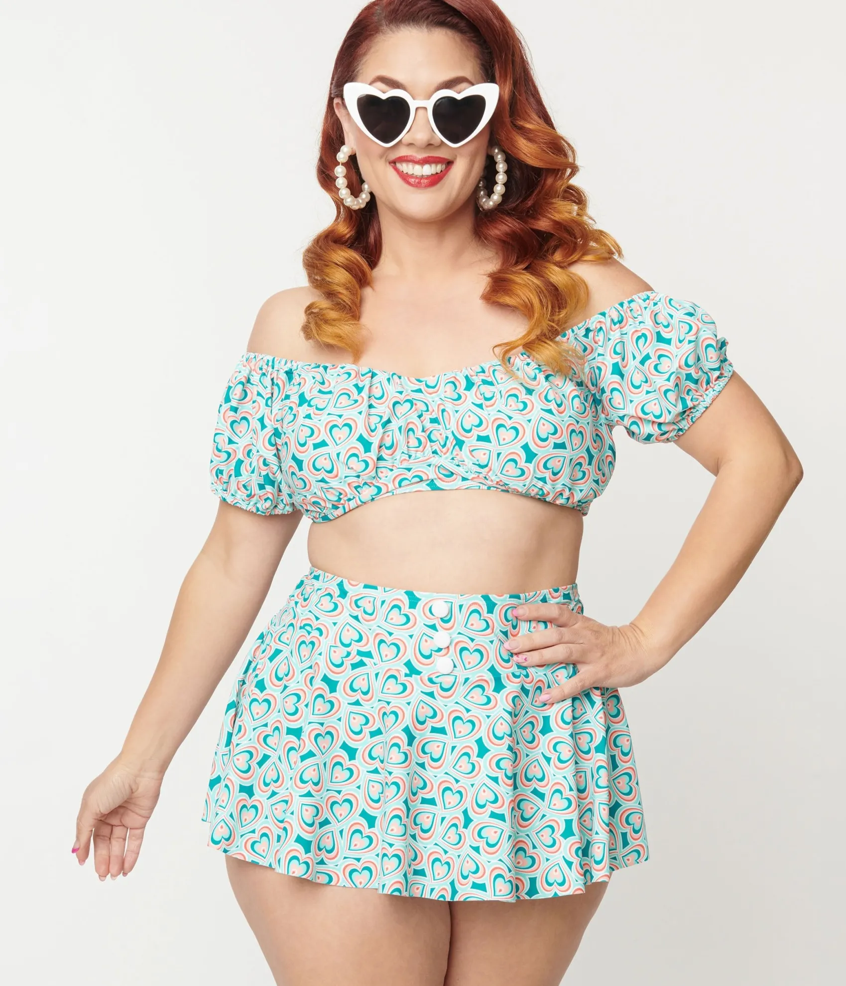 Unique Vintage Plus Size 1940s Turquoise Retro Hearts Off The Shoulder Swim Top Fashion