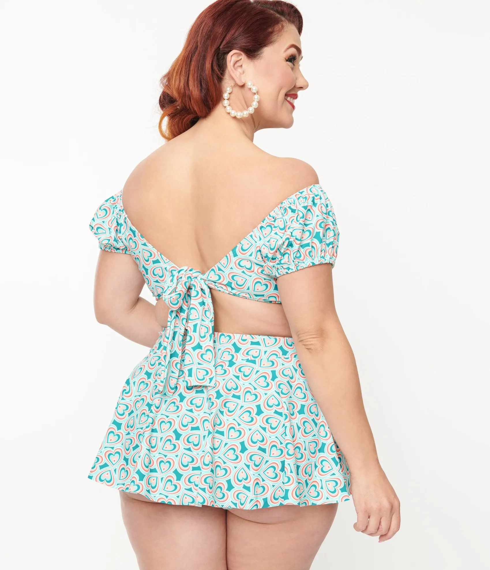 Unique Vintage Plus Size 1940s Turquoise Retro Hearts Off The Shoulder Swim Top Fashion