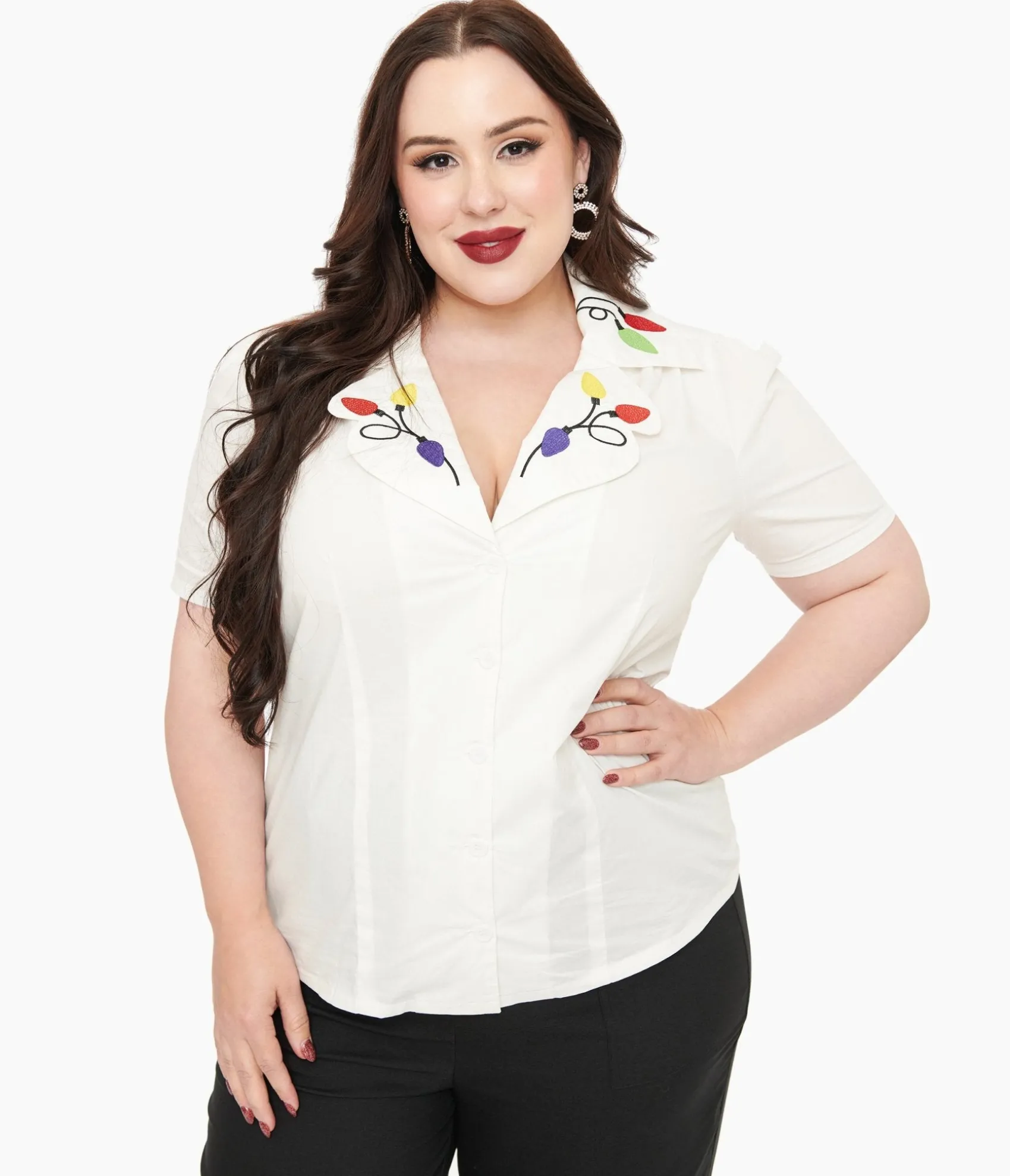 Unique Vintage Plus Size 1940s White Holiday Lights Cotton Blouse Store
