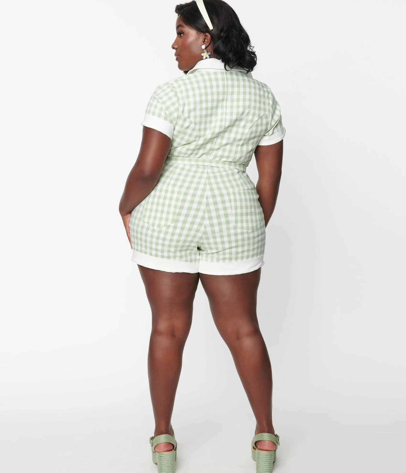 Unique Vintage Plus Size Sage & White Gingham Patsy Romper Cheap