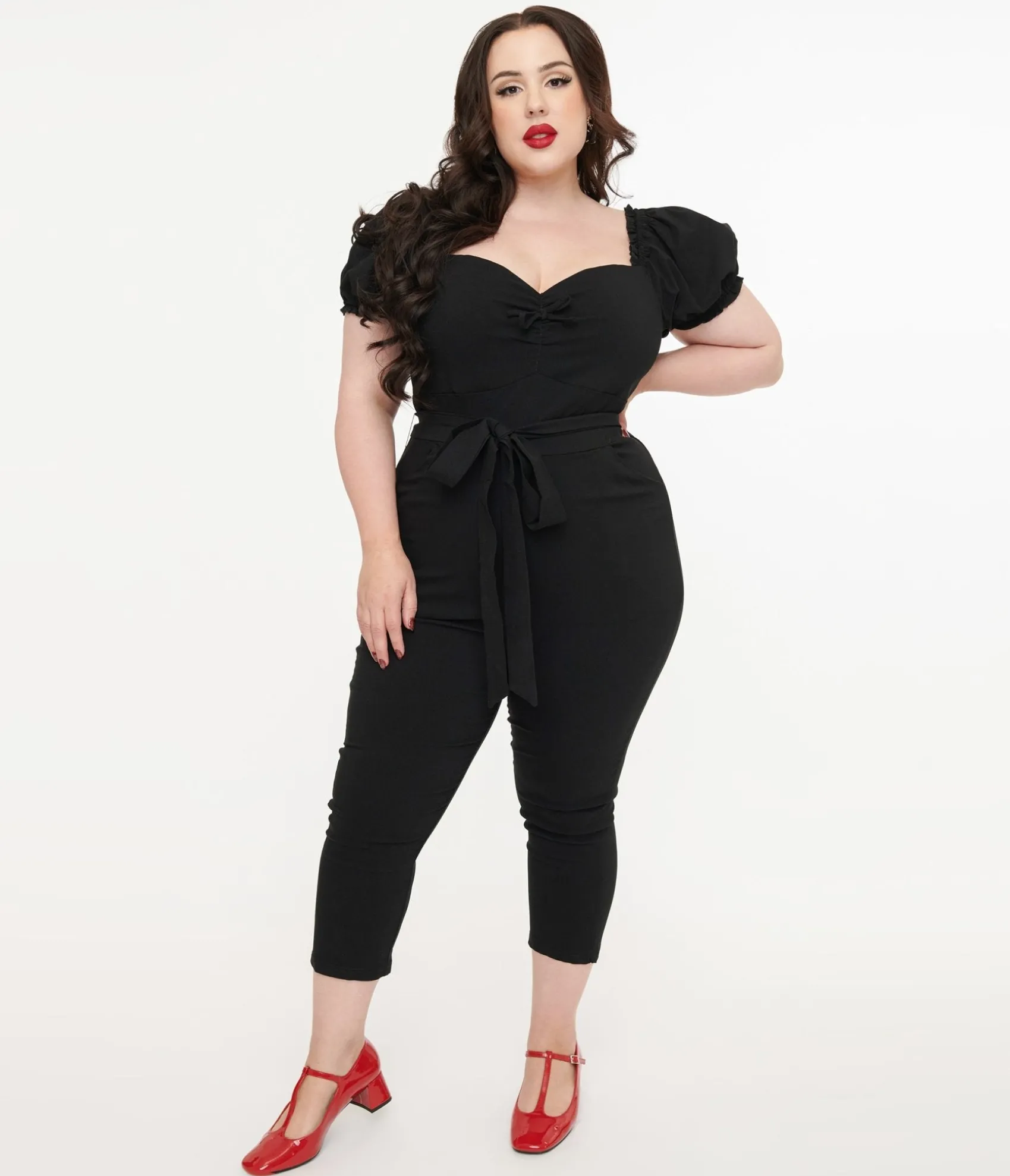 Unique Vintage Plus Size Solid Black Belted Jumpsuit Outlet