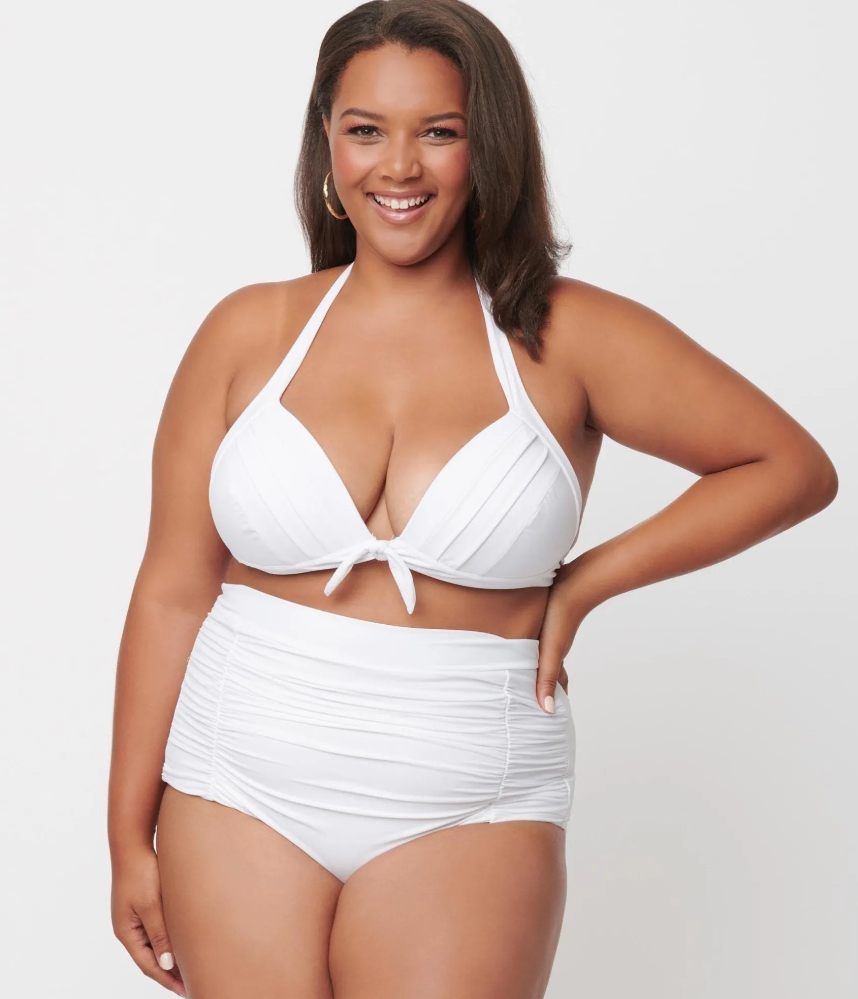 Unique Vintage Plus Size Solid White Monroe High Waist Swim Bottom Clearance