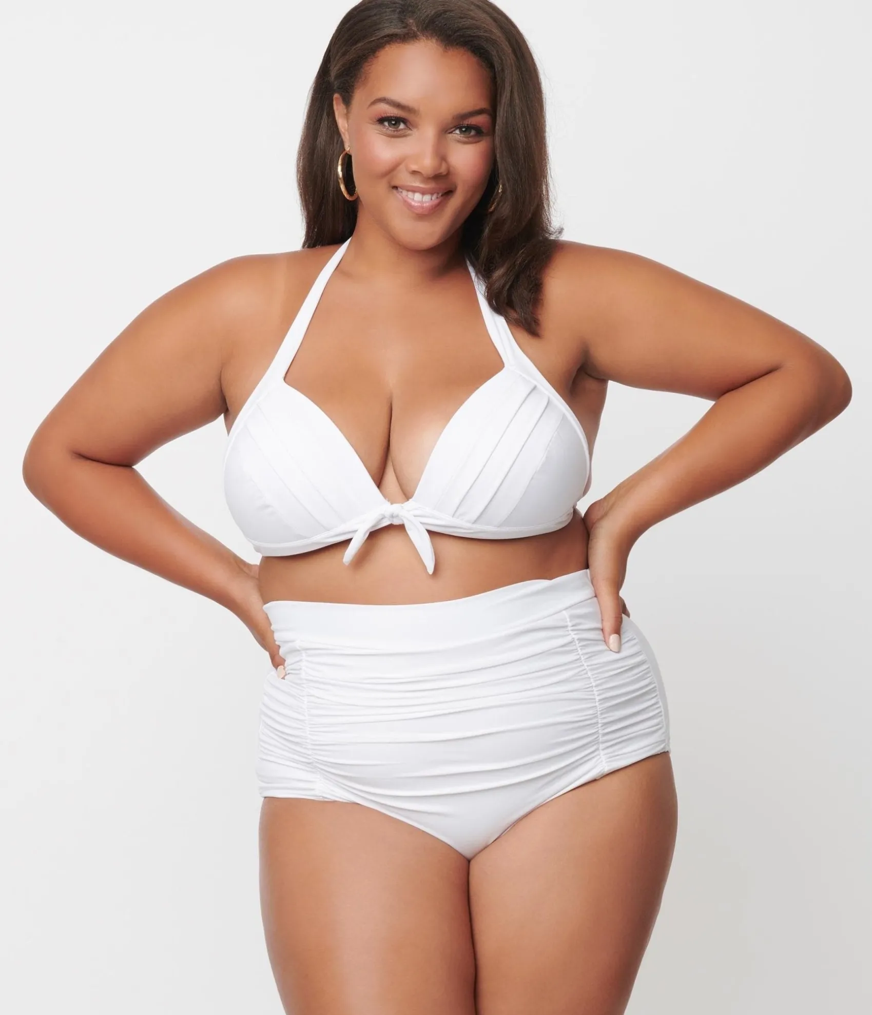 Unique Vintage Plus Size Solid White Monroe High Waist Swim Bottom Clearance