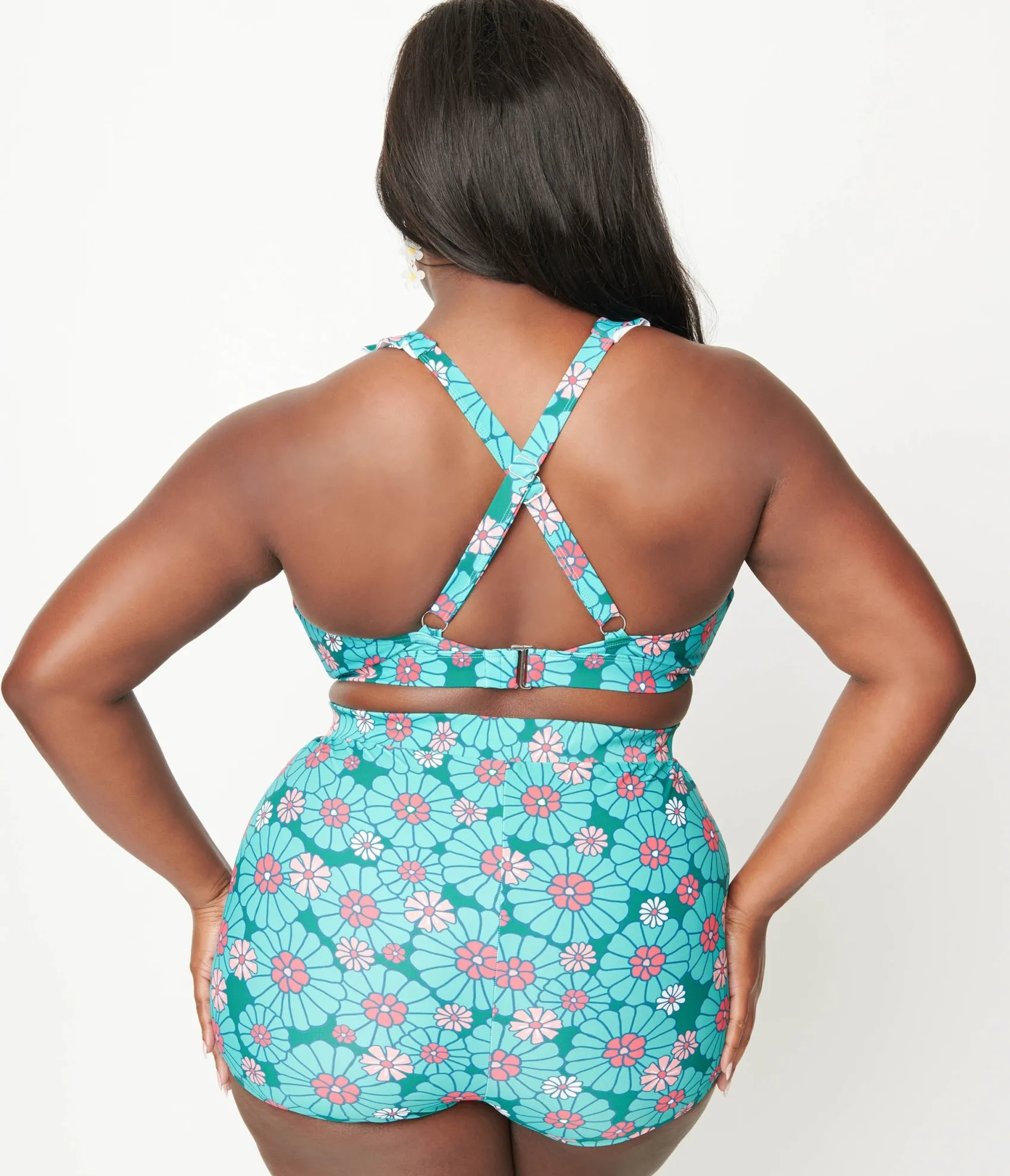 Unique Vintage Plus Size Teal Flower Child Halter Swim Top Best Sale