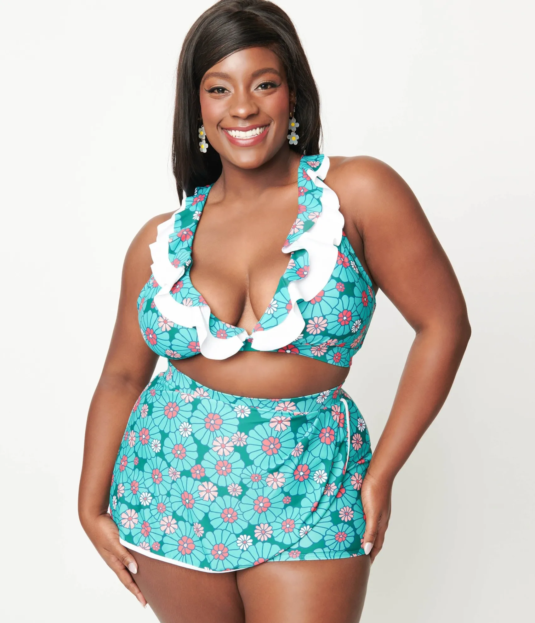 Unique Vintage Plus Size Teal Flower Child High Waist Skort Swim Bottom Shop