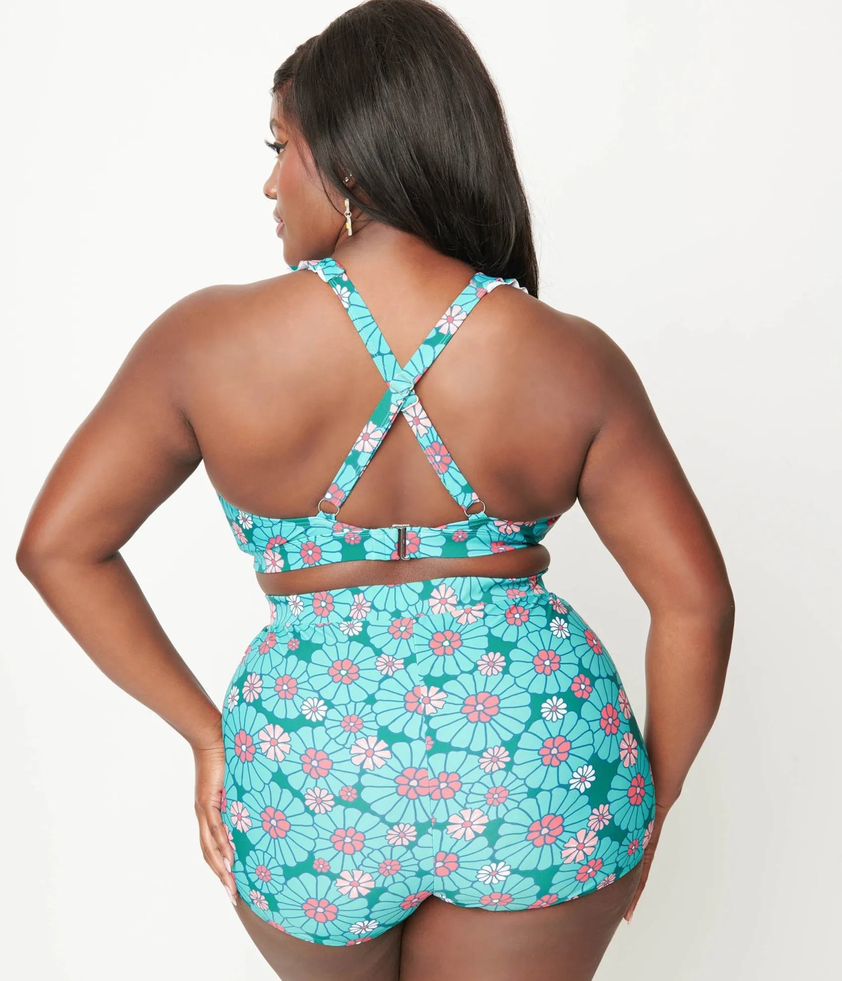 Unique Vintage Plus Size Teal Flower Child High Waist Skort Swim Bottom Shop