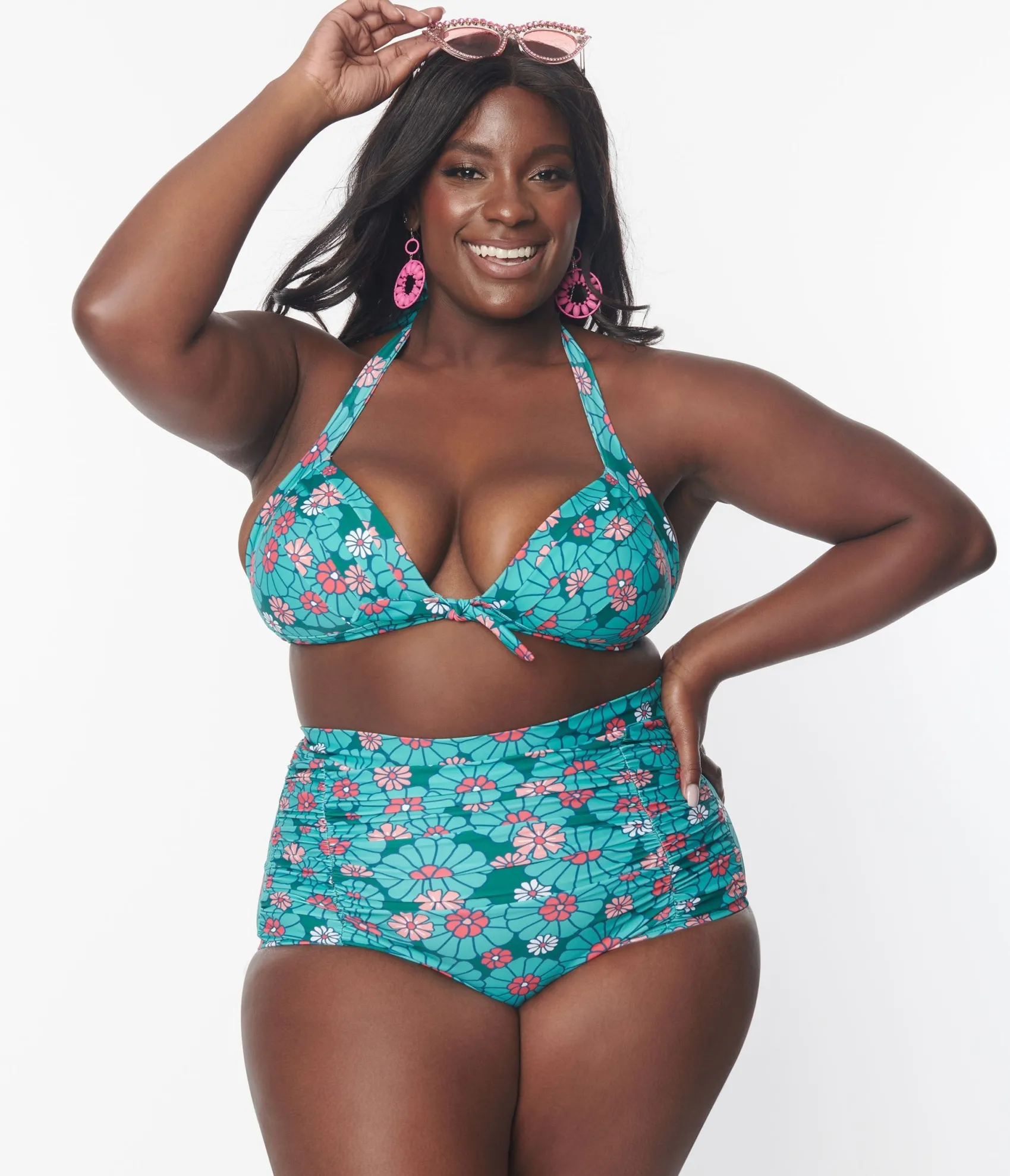 Unique Vintage Plus Size Teal Flower Child Monroe Halter Swim Top Clearance