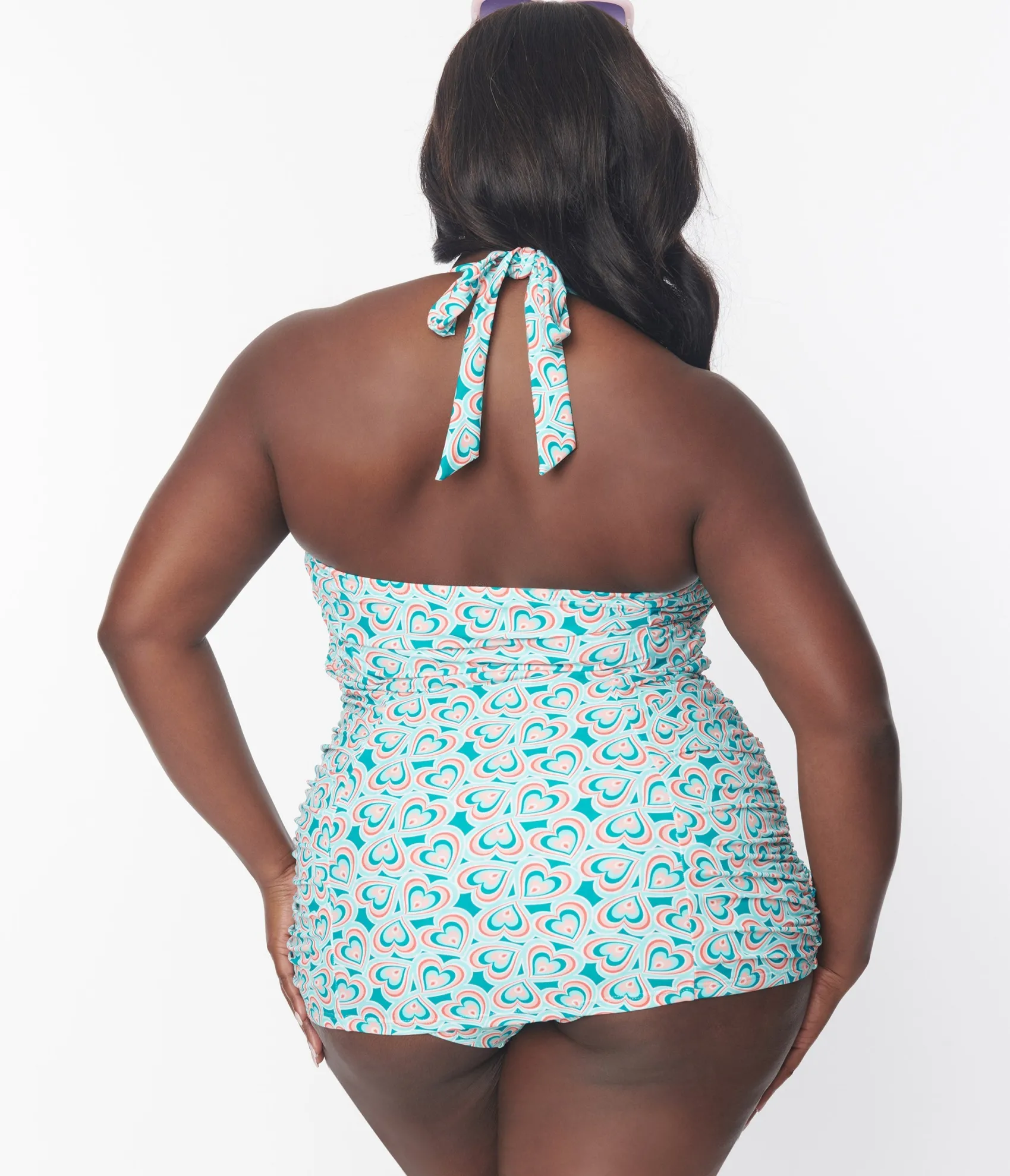 Unique Vintage Plus Size Turquoise Retro Hearts Print Corrine Sheath Swimsuit Discount