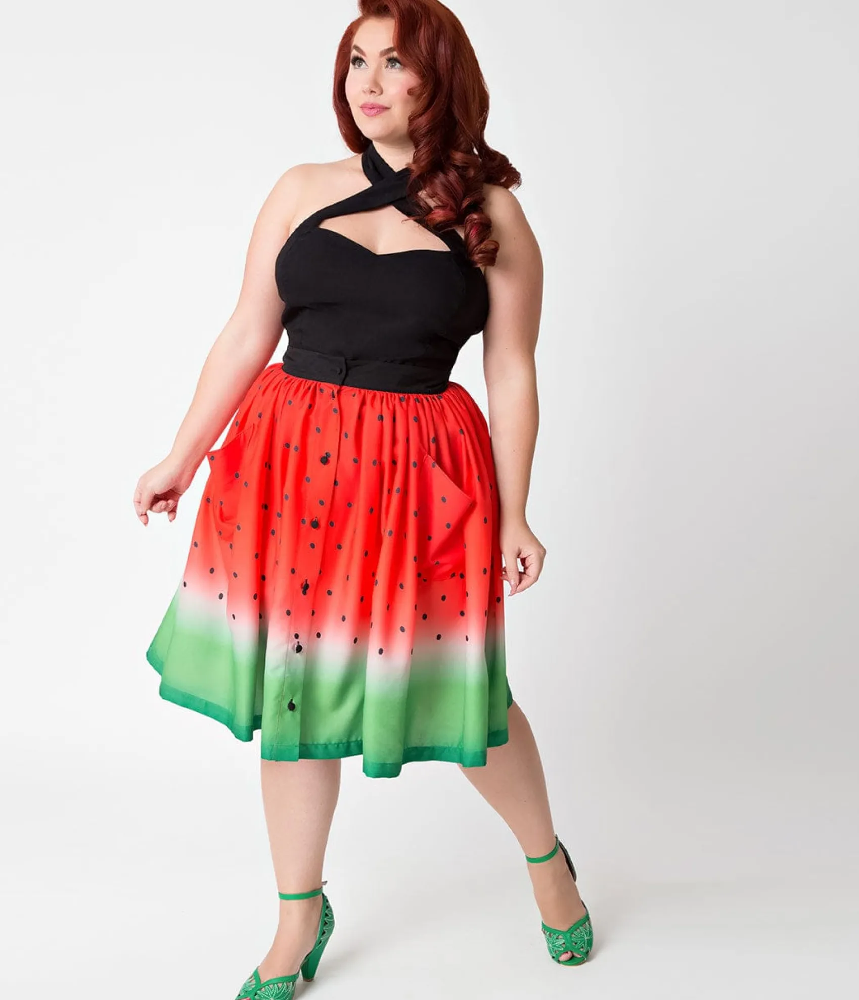 Unique Vintage Plus Size Watermelon Ombre Button Up Elora Swing Skirt Online