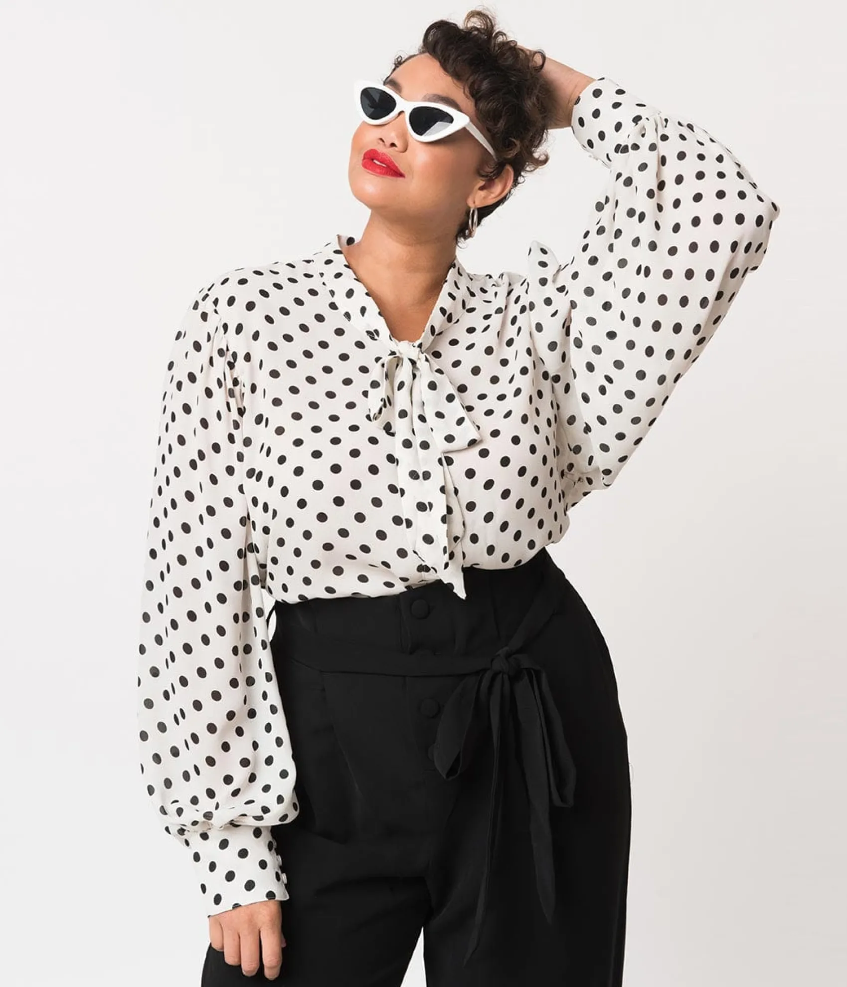 Unique Vintage Plus Size White & Black Polka Dot Neck Tie Gwen Blouse Store