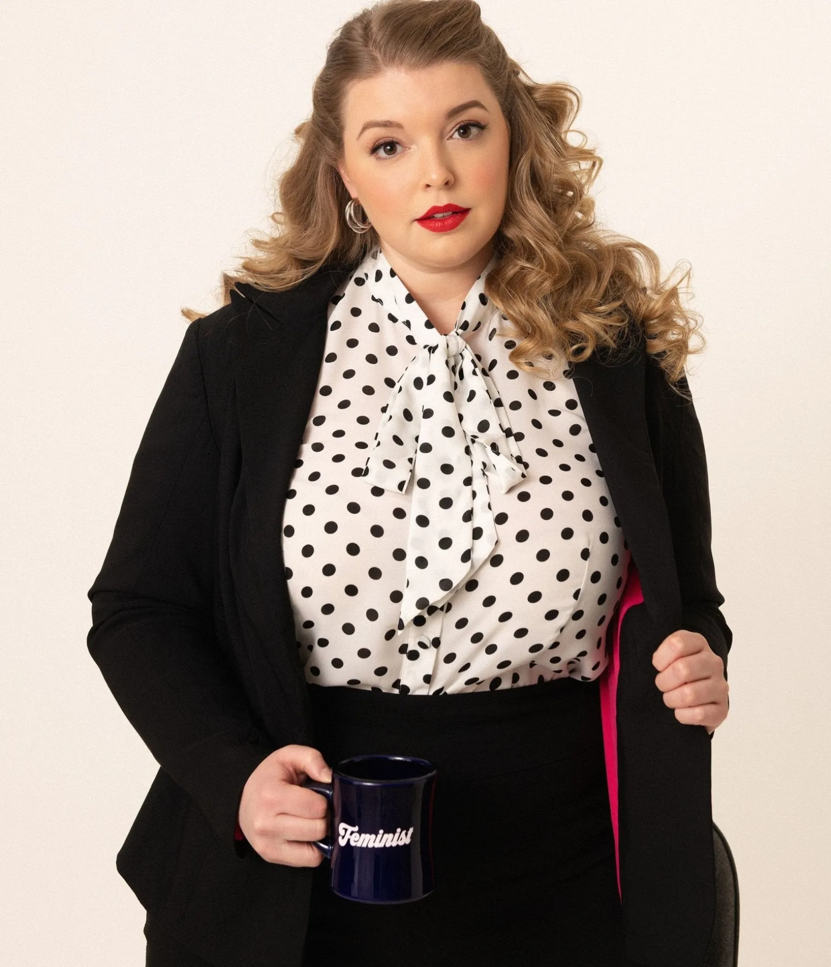 Unique Vintage Plus Size White & Black Polka Dot Neck Tie Gwen Blouse Store