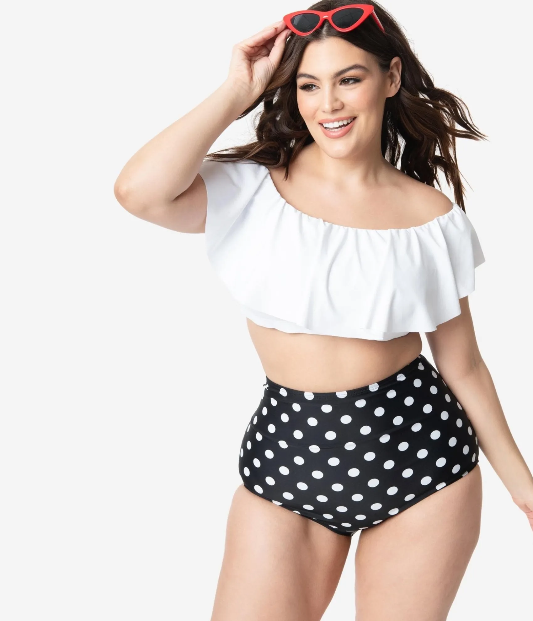 Unique Vintage Plus Size White Ruffled Ramona Swim Top Fashion