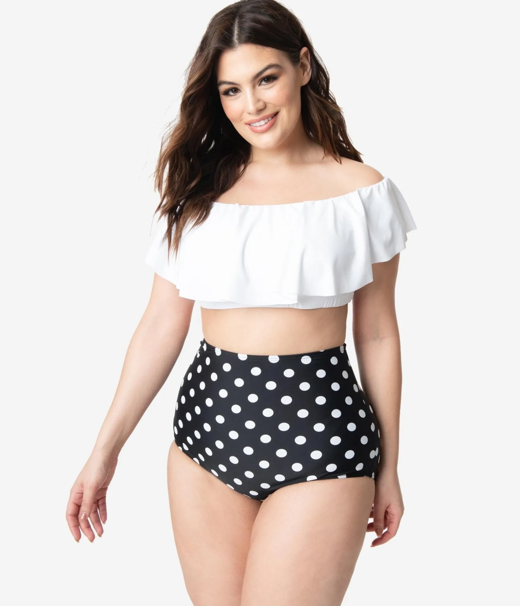 Unique Vintage Plus Size White Ruffled Ramona Swim Top Fashion