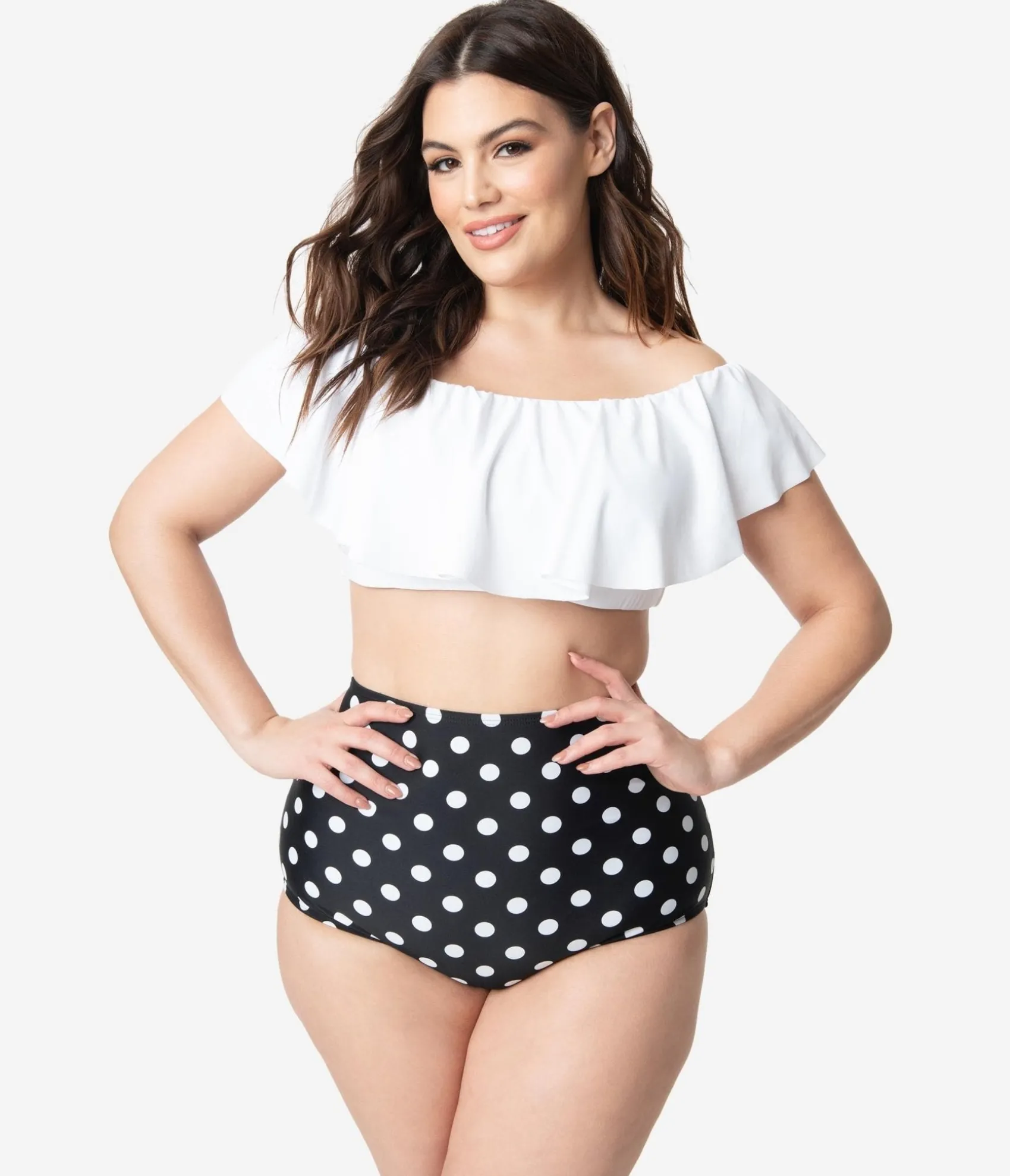 Unique Vintage Plus Size White Ruffled Ramona Swim Top Fashion