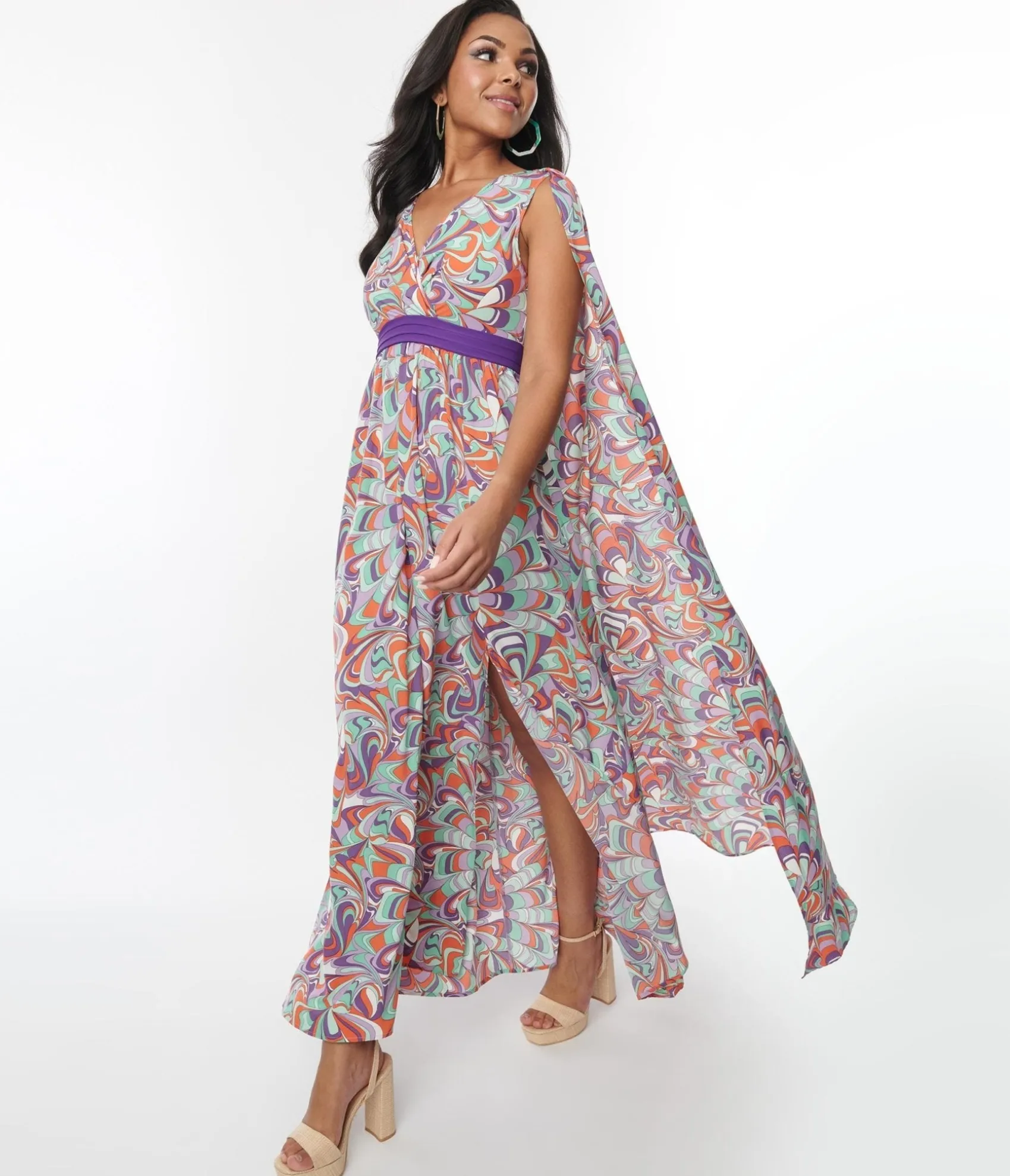 Unique Vintage Purple & Mint Psychedelic Wave Print Cape Maxi Dress Cheap