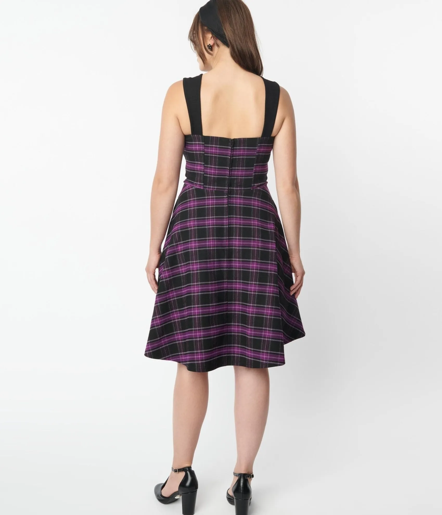 Unique Vintage Purple Plaid Corset Flare Dress Clearance