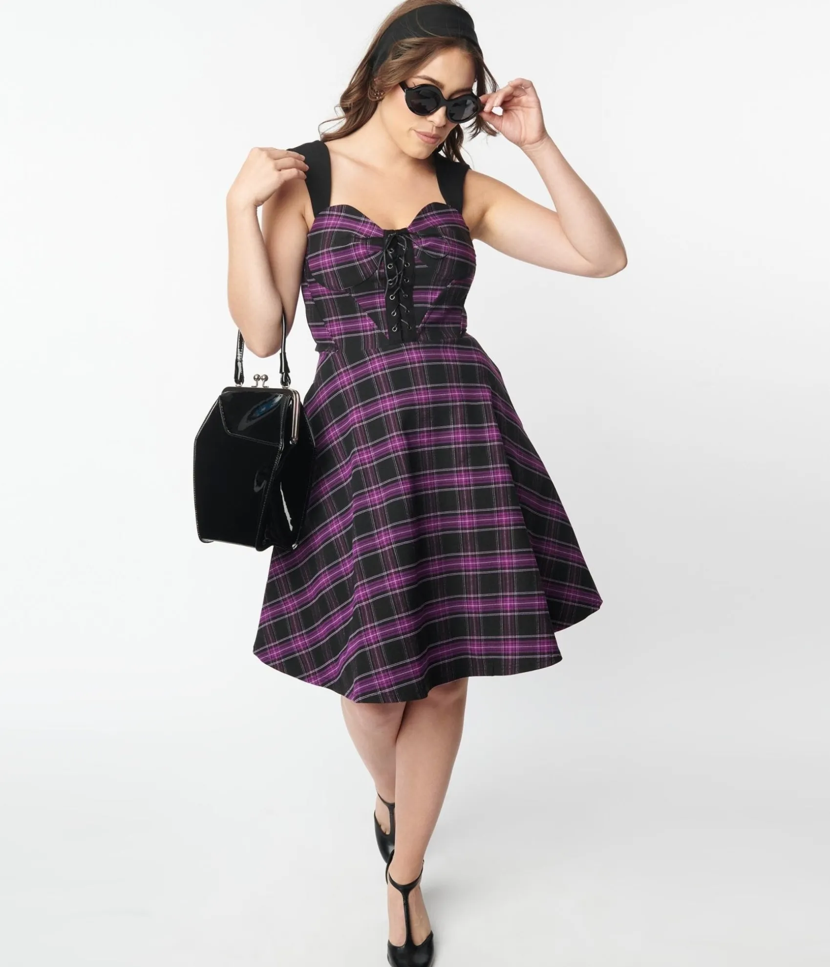 Unique Vintage Purple Plaid Corset Flare Dress Clearance