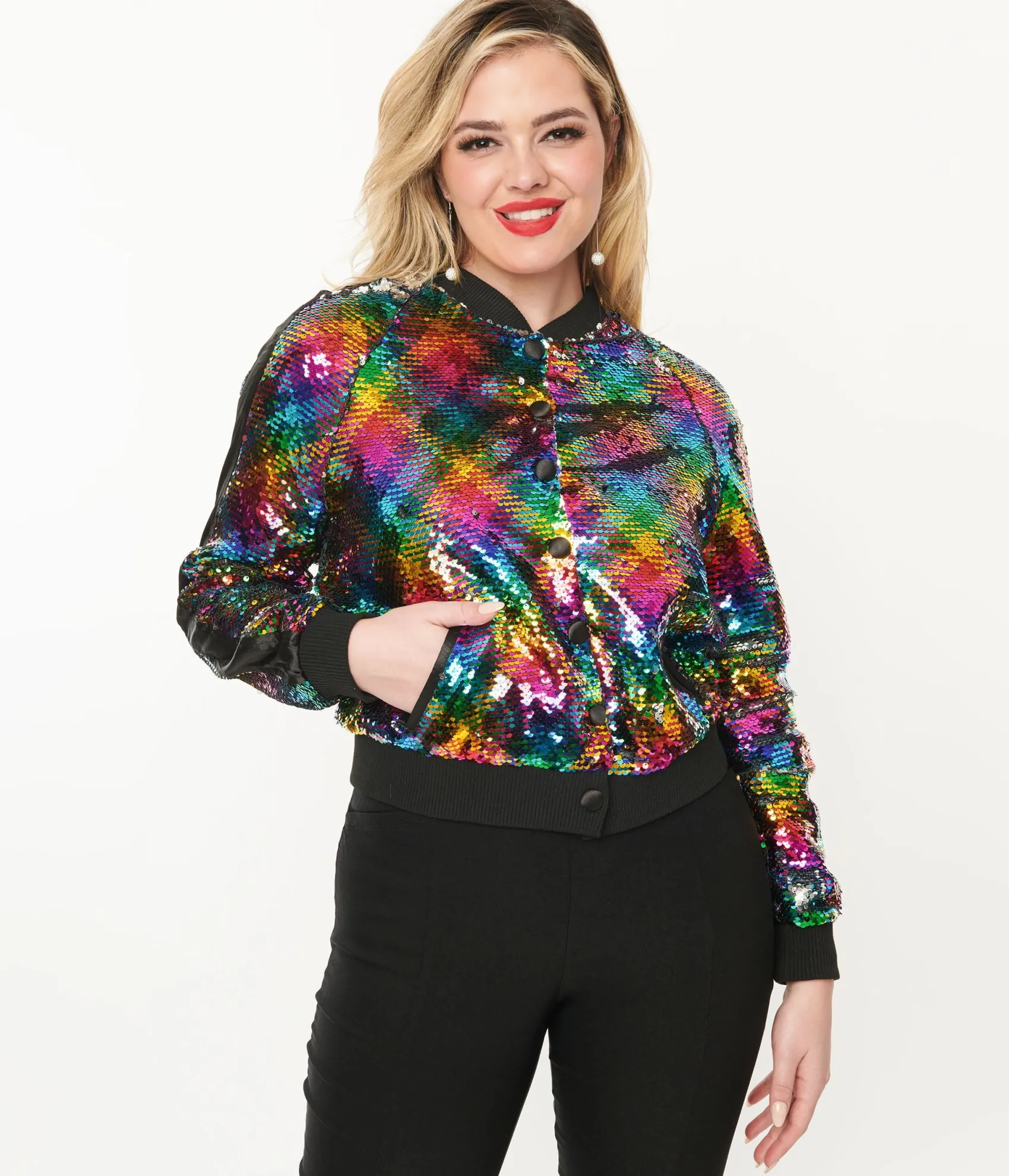 Unique Vintage Rainbow Sequin Satin Bomber Jacket Clearance