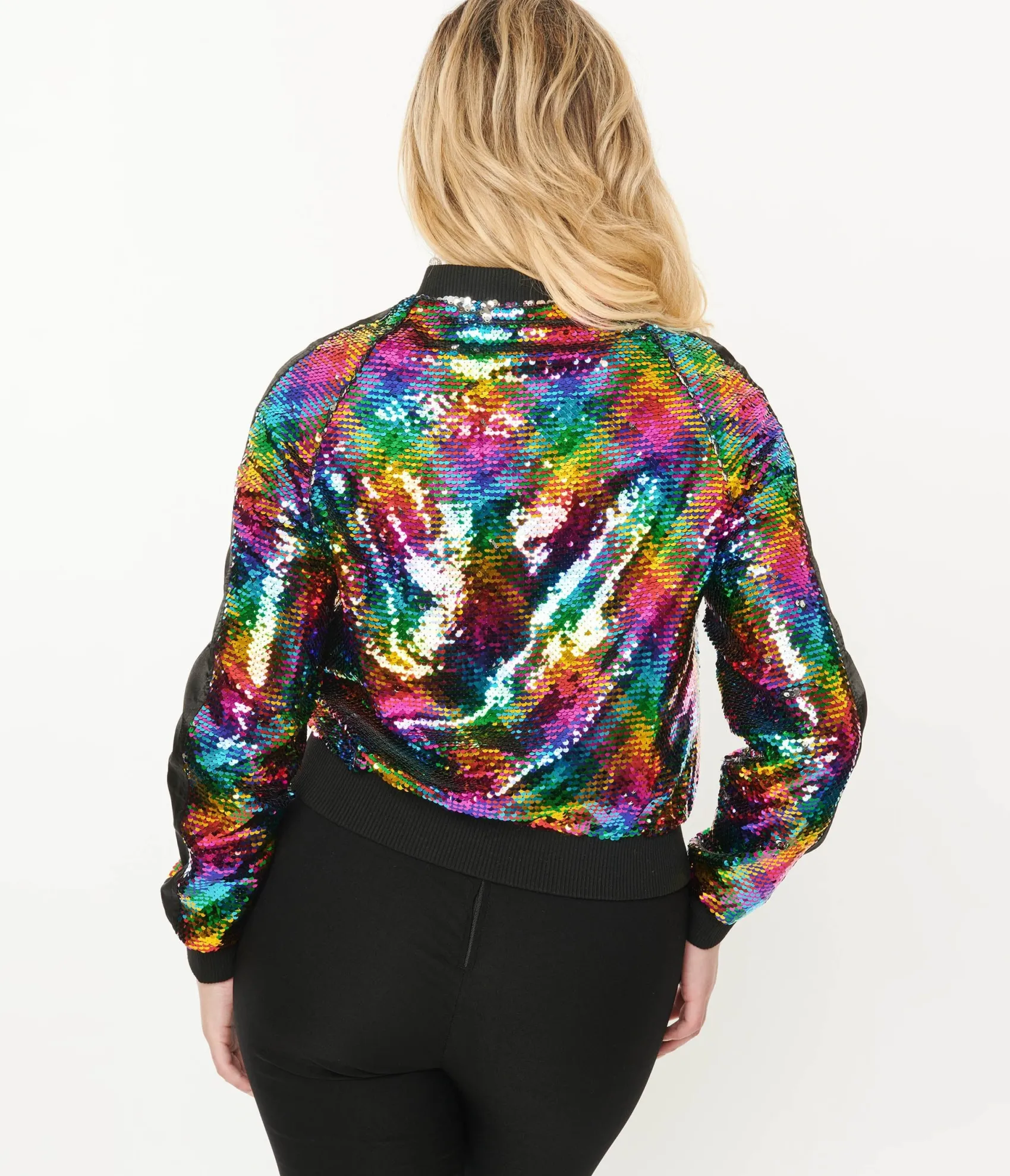 Unique Vintage Rainbow Sequin Satin Bomber Jacket Clearance