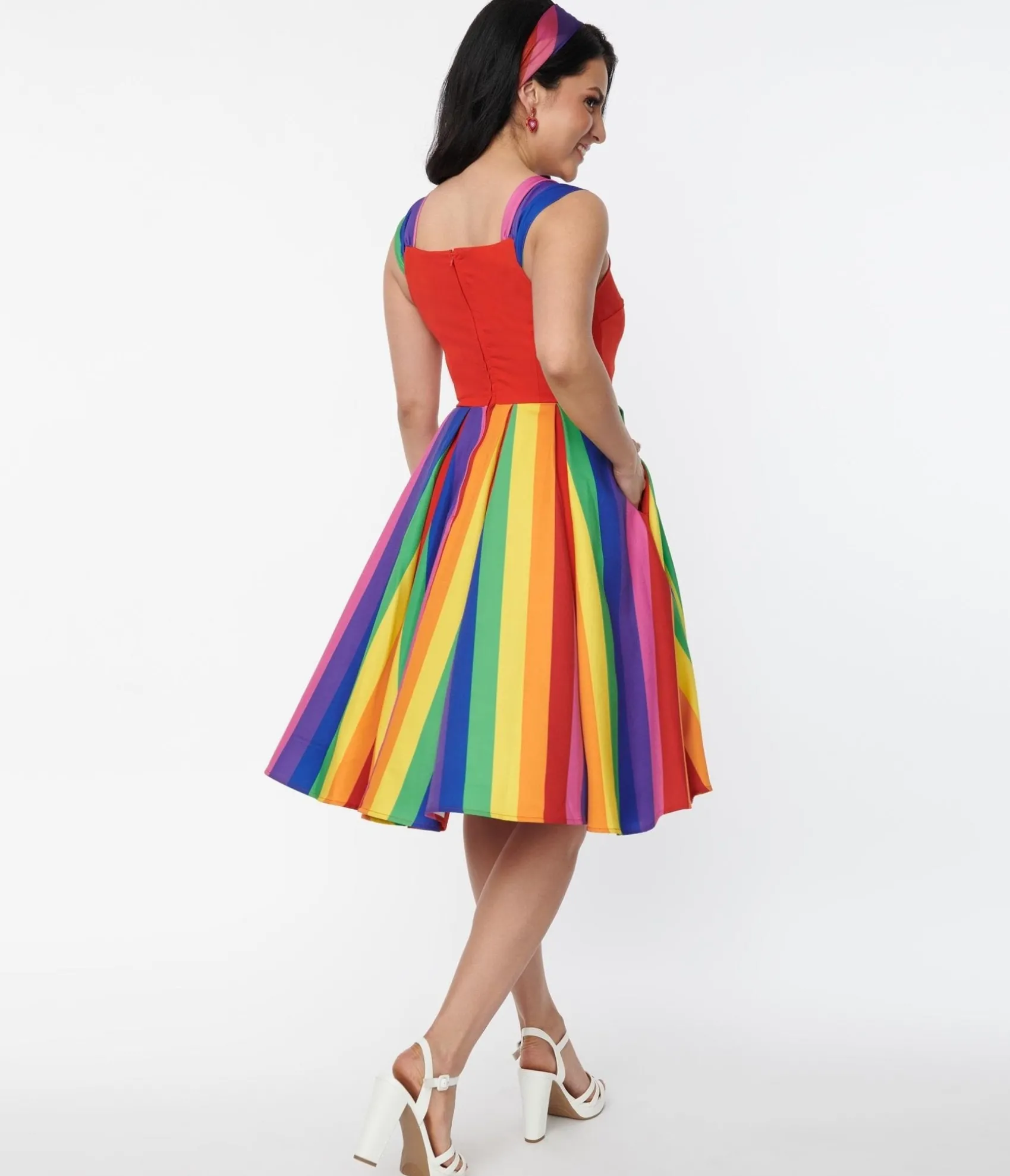 Unique Vintage Red & Rainbow Stripe Swing Dress Best Sale