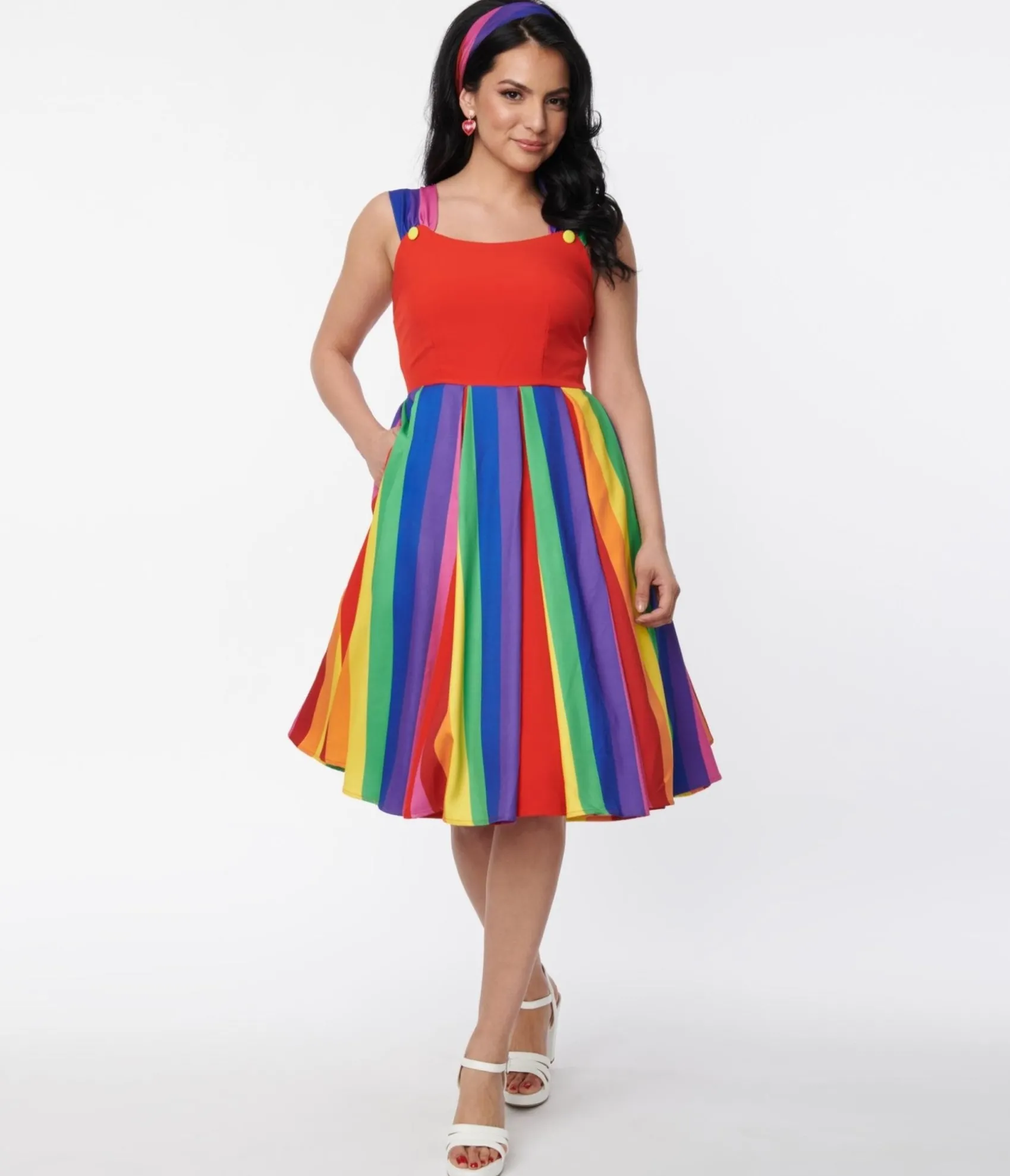Unique Vintage Red & Rainbow Stripe Swing Dress Best Sale