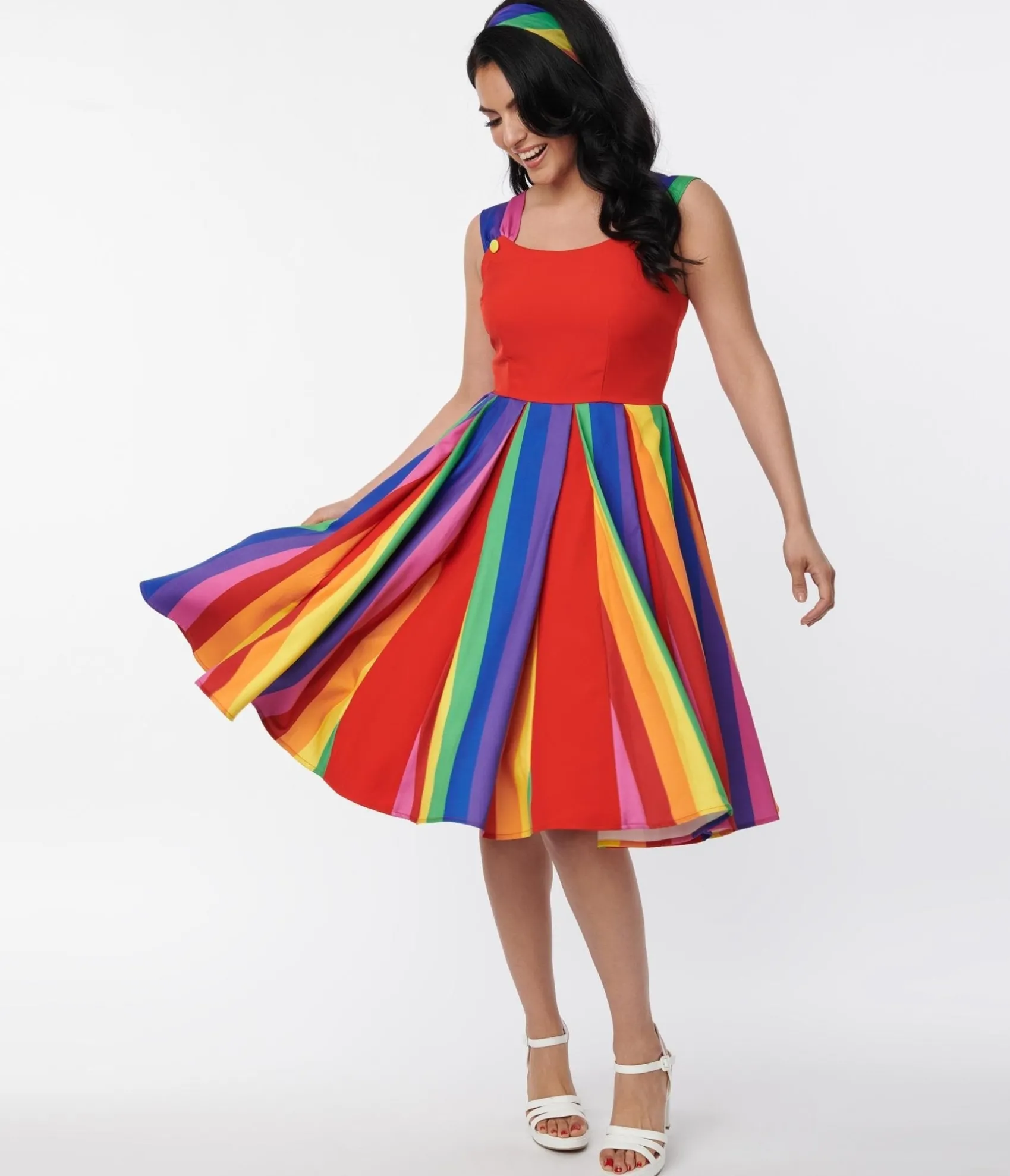 Unique Vintage Red & Rainbow Stripe Swing Dress Best Sale
