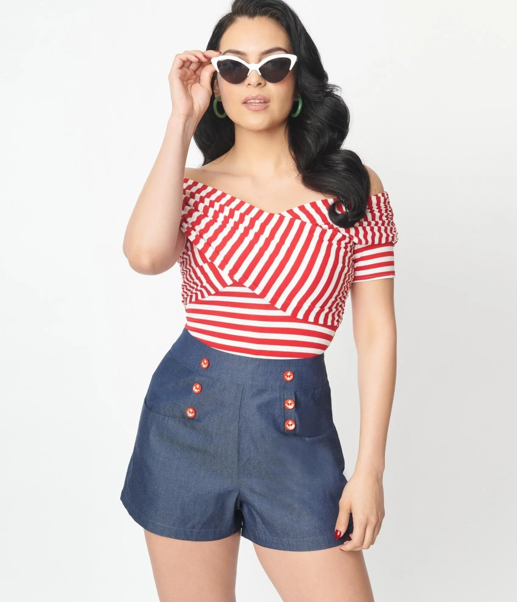 Unique Vintage Red & White Striped Off Shoulder Daydreamer Bodysuit Clearance