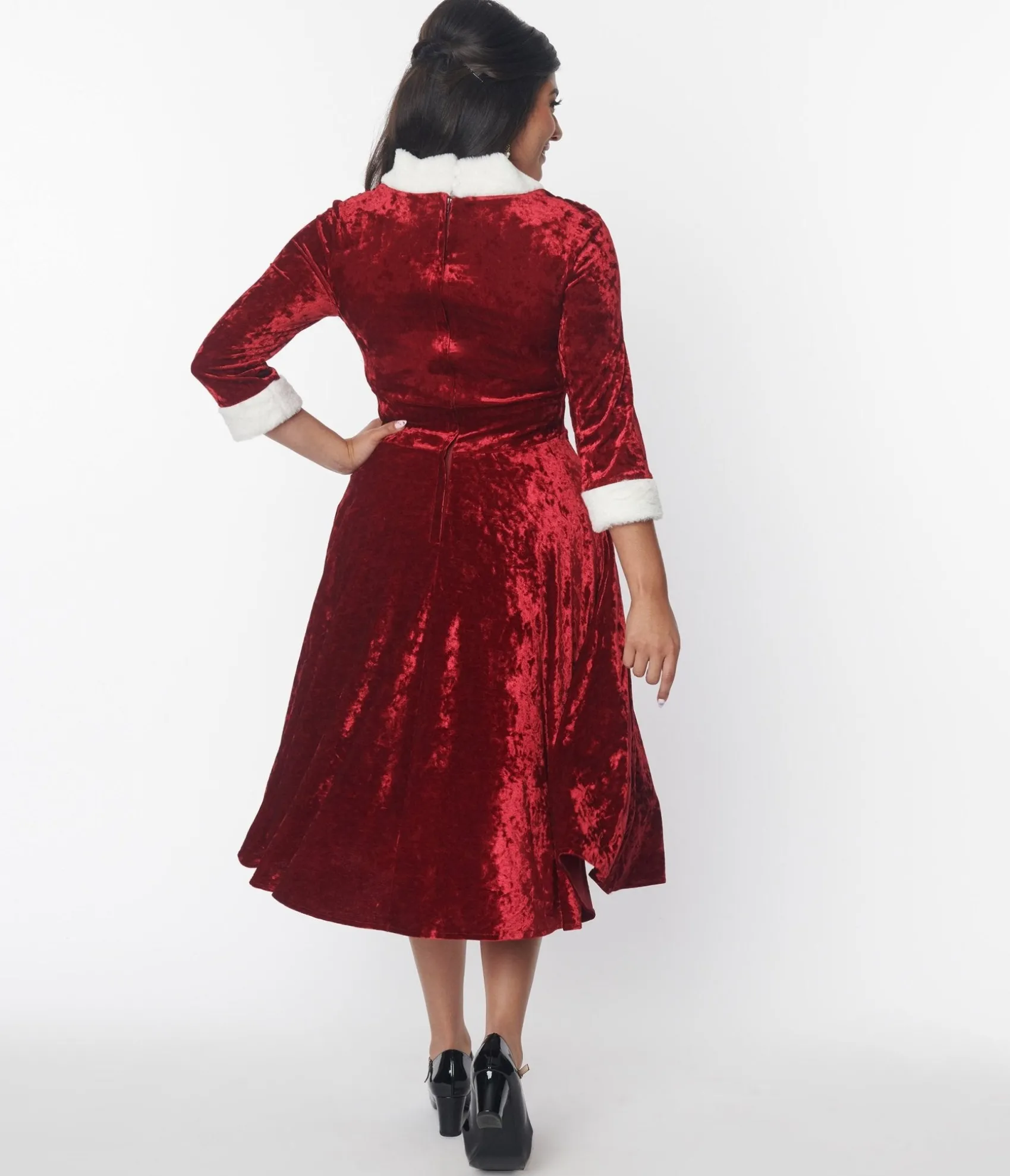 Unique Vintage Red Crushed Velvet & Ivory Fur Delores Swing Dress Cheap