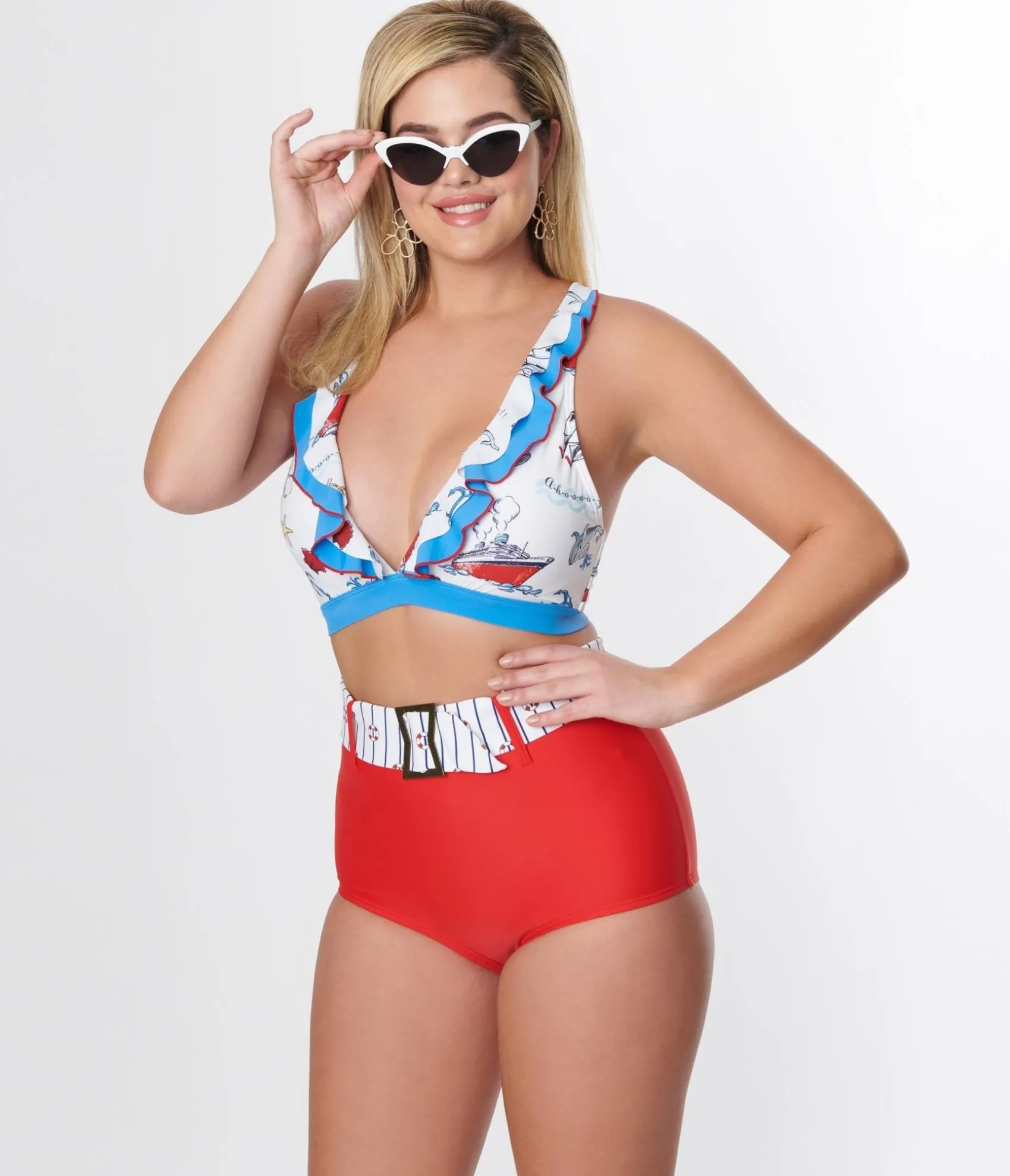 Unique Vintage Red High Waist Belted Swim Bottom Cheap