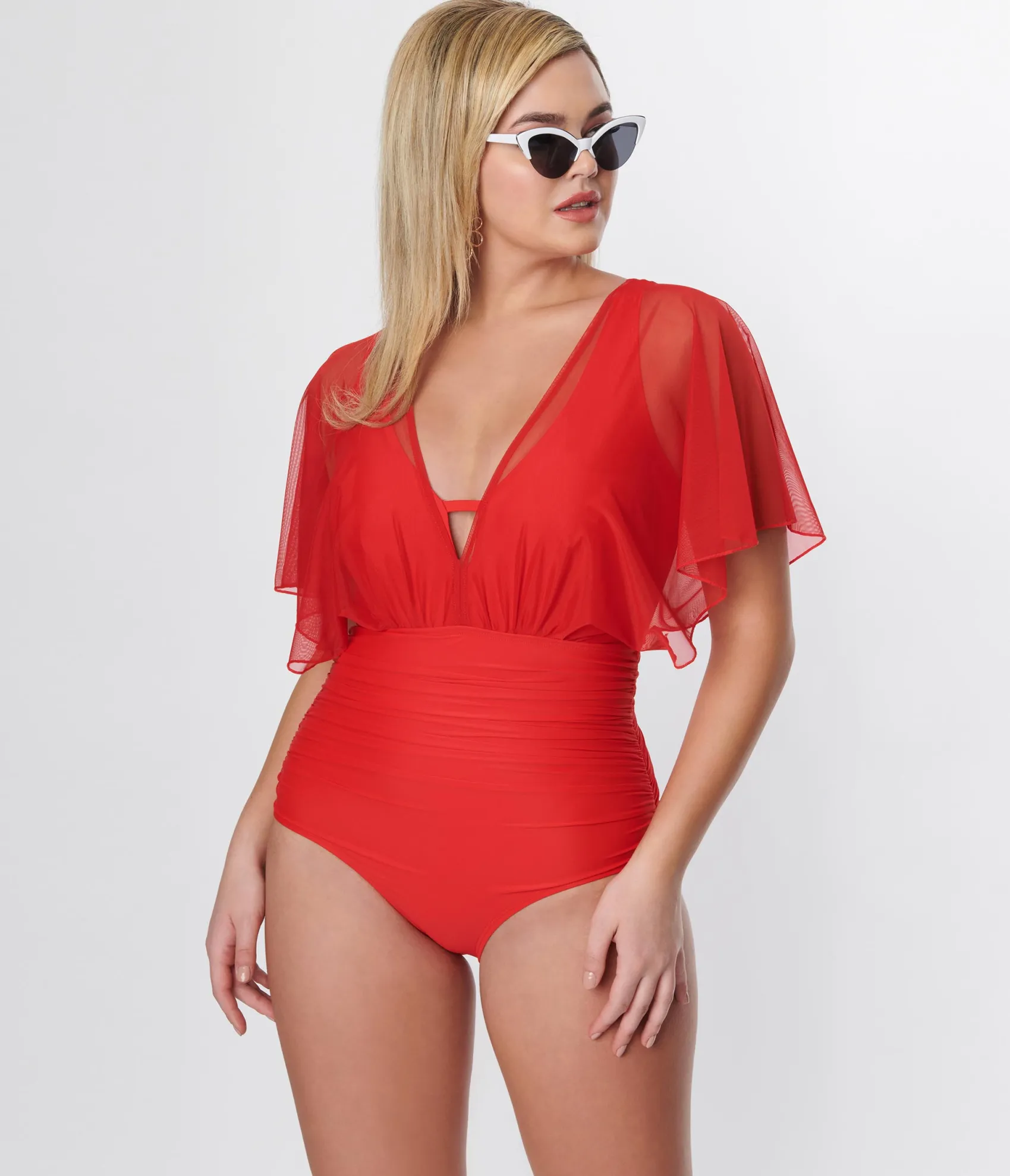 Unique Vintage Red Mesh Sleeved Torrey Swimsuit Fashion