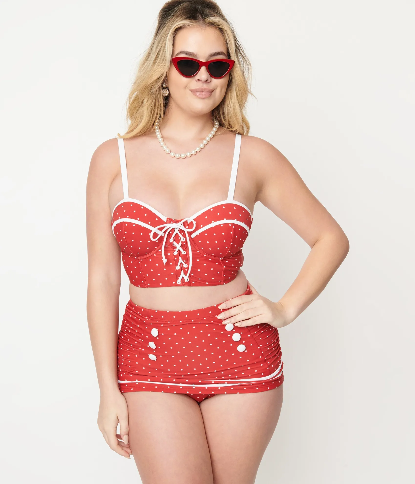 Unique Vintage Red Pin Dot Lace Up Swim Top Cheap
