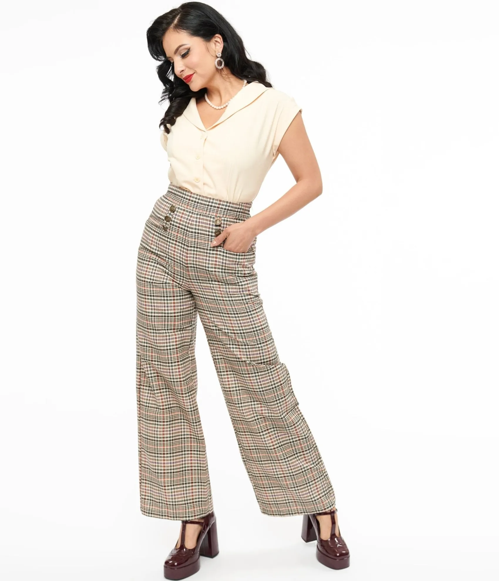 Unique Vintage 1940s Beige Plaid High Waist Sailor Ginger Pants Fashion