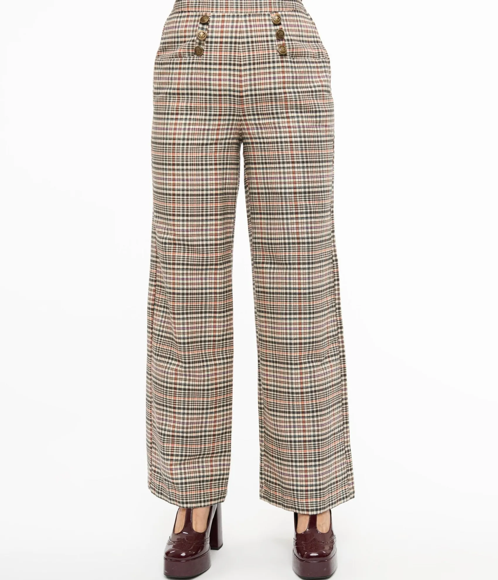 Unique Vintage 1940s Beige Plaid High Waist Sailor Ginger Pants Fashion