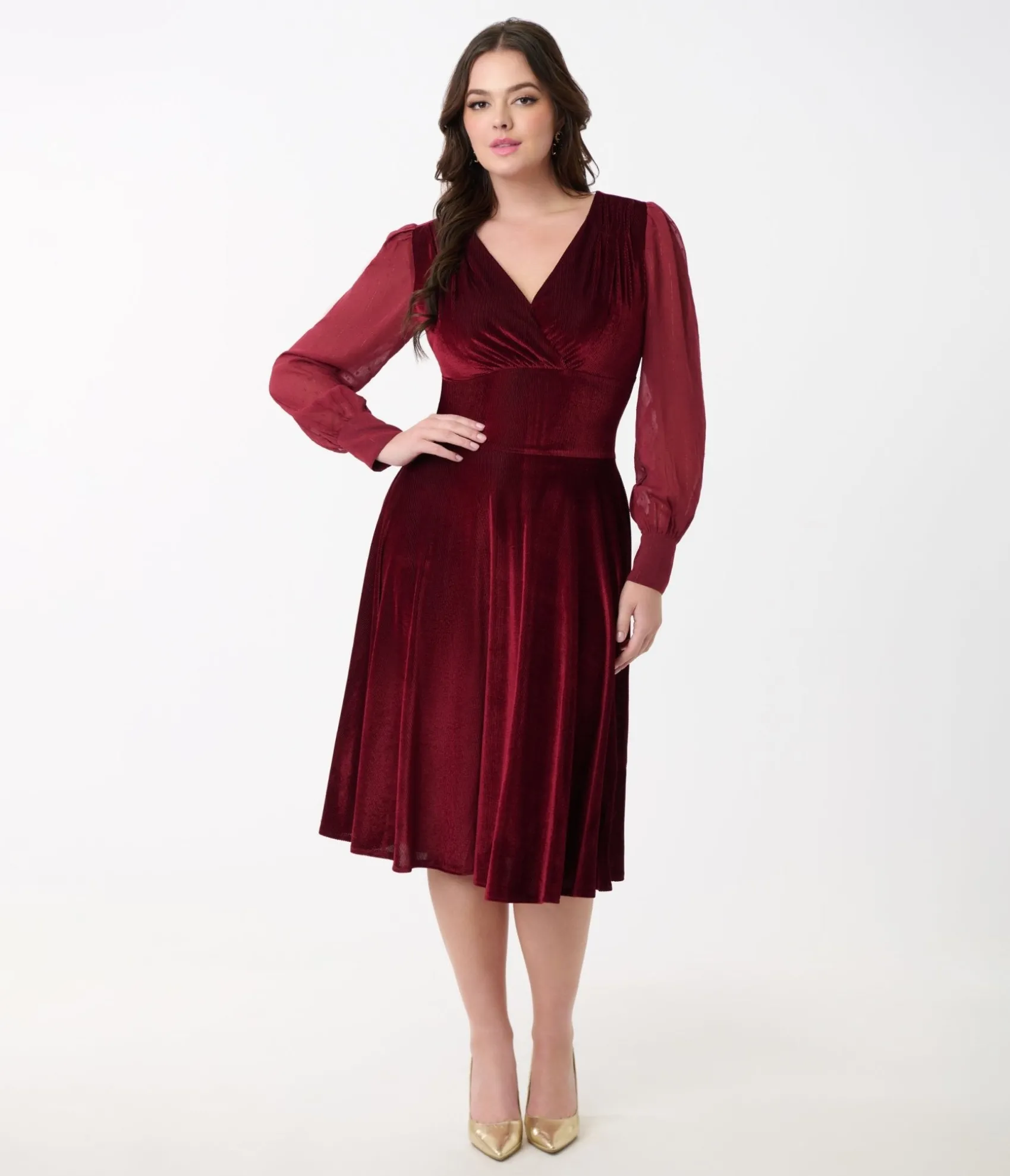 Unique Vintage 1950s Berry Velvet Sheer Sleeve Delores Swing Dress Best Sale