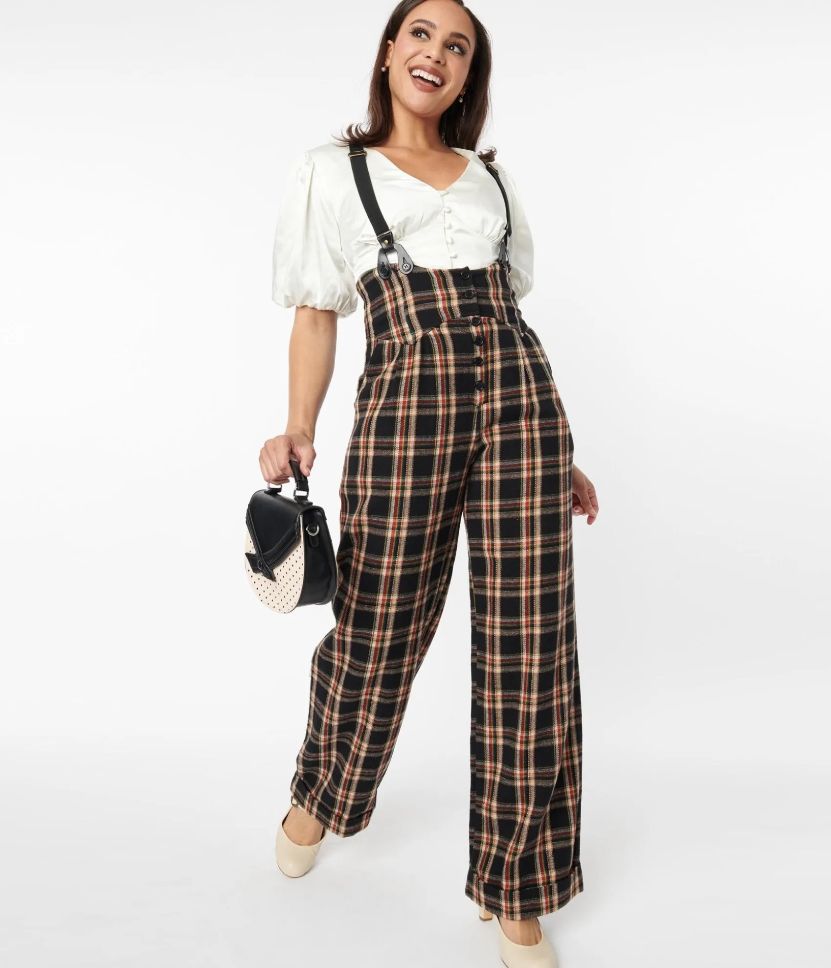 Unique Vintage 1930s Black & Auburn Plaid Thelma Suspender Pants Outlet