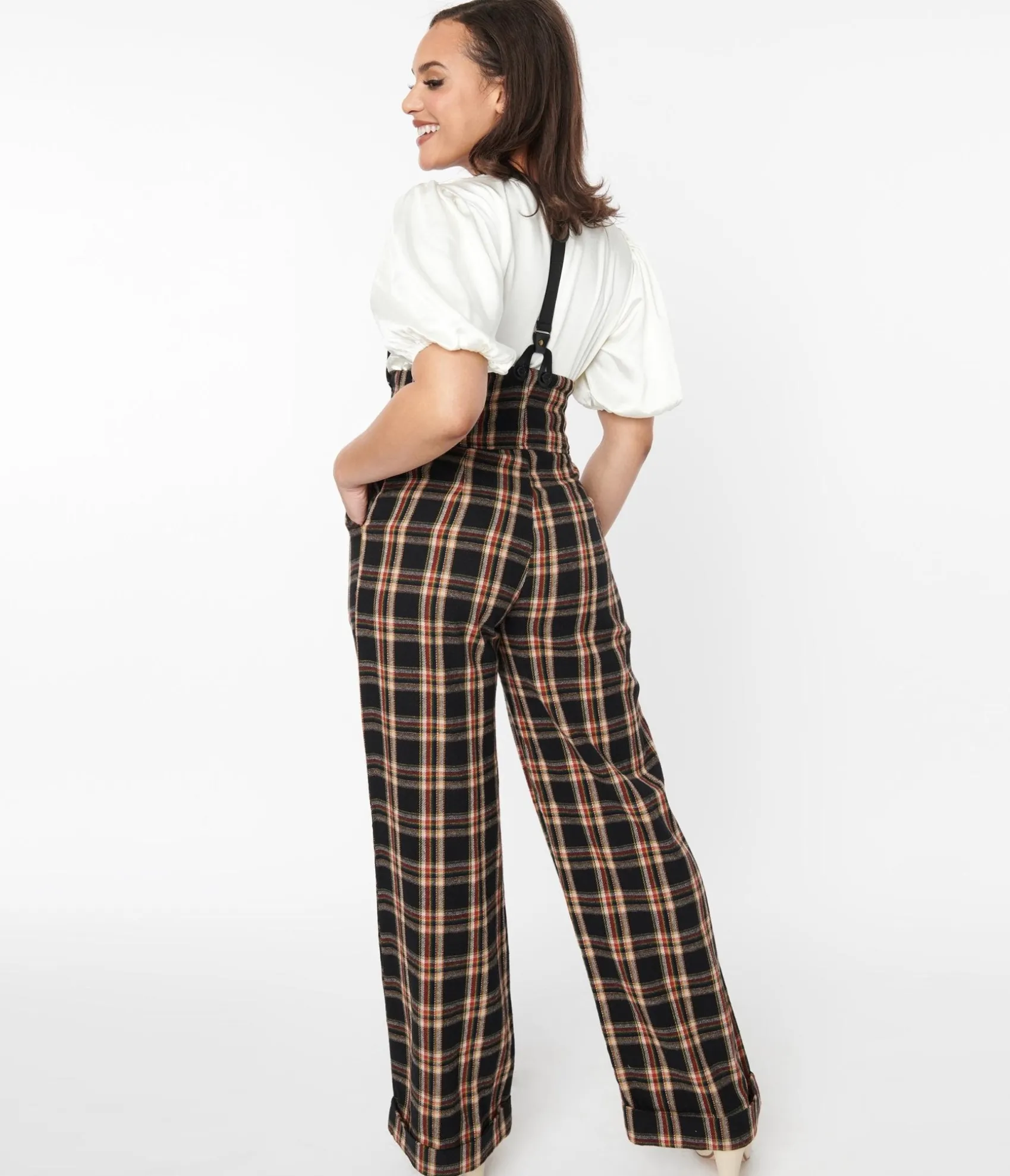Unique Vintage 1930s Black & Auburn Plaid Thelma Suspender Pants Outlet