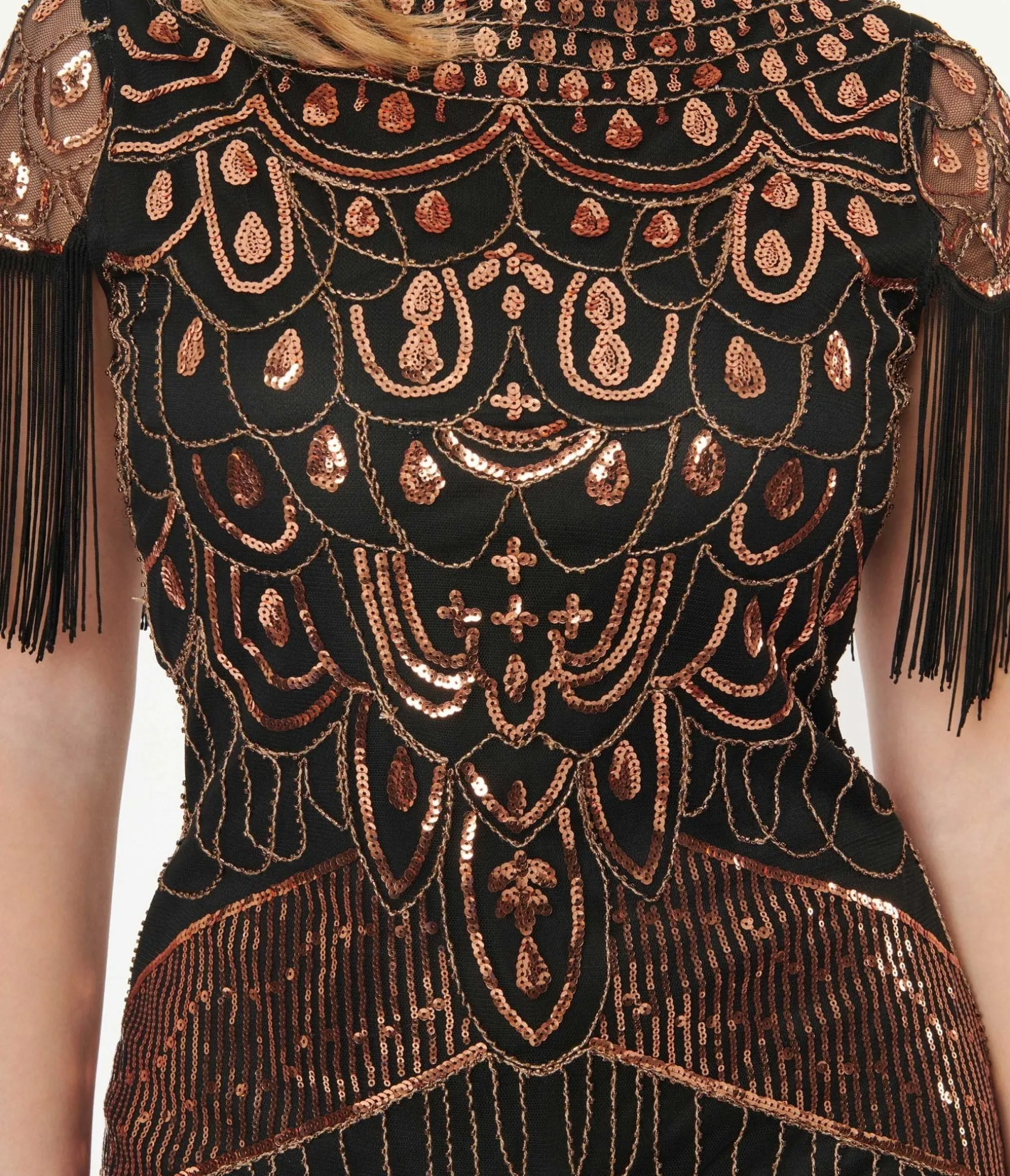Unique Vintage 1920s Black & Bronze Sequin Sleeved Laure Flapper Dress Store