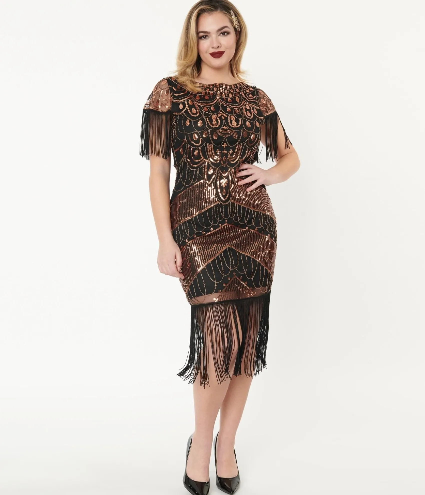 Unique Vintage 1920s Black & Bronze Sequin Sleeved Laure Flapper Dress Store