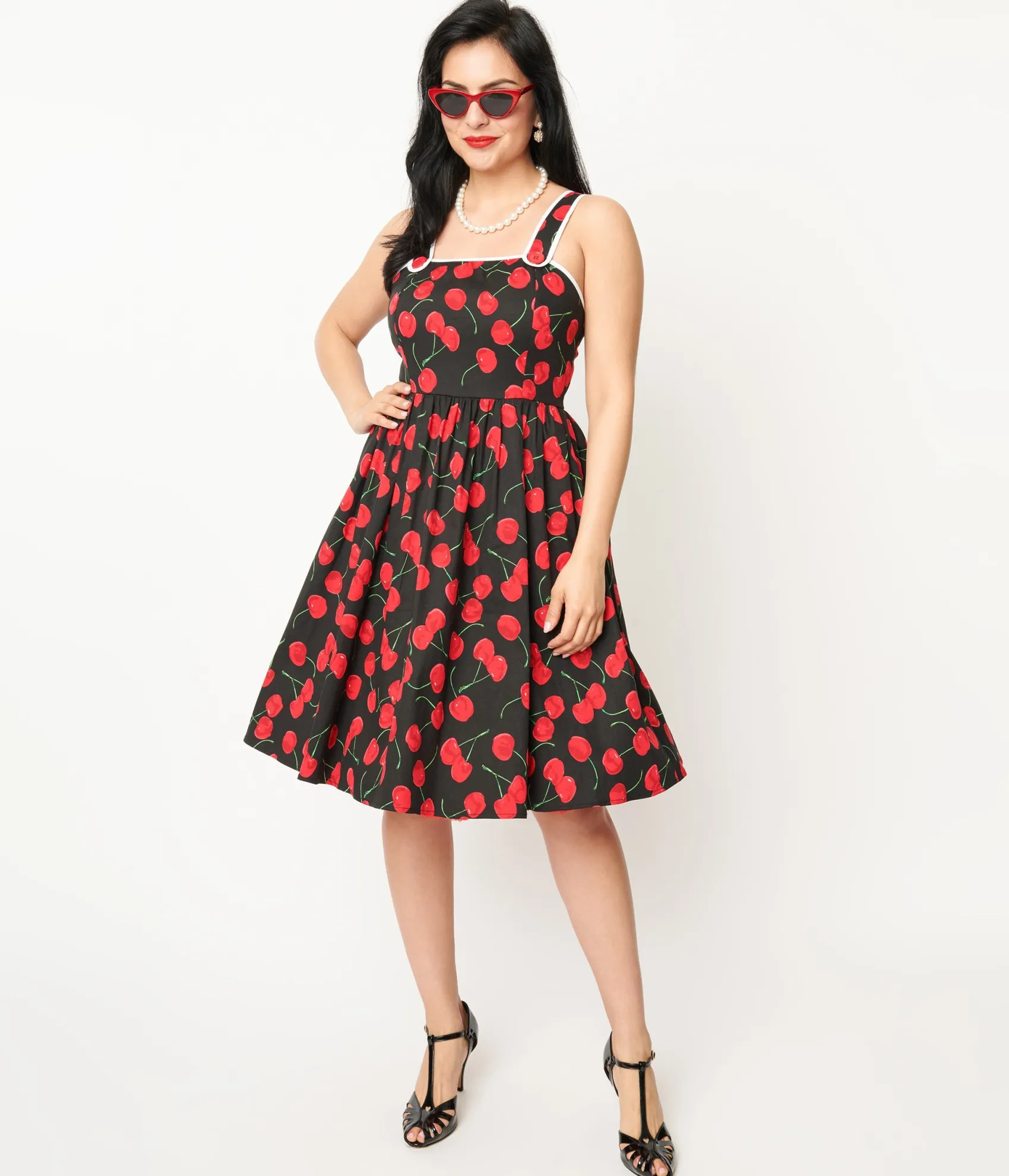 Unique Vintage 1950s Black & Cherry Print Cotton Pinafore Swing Dress Clearance
