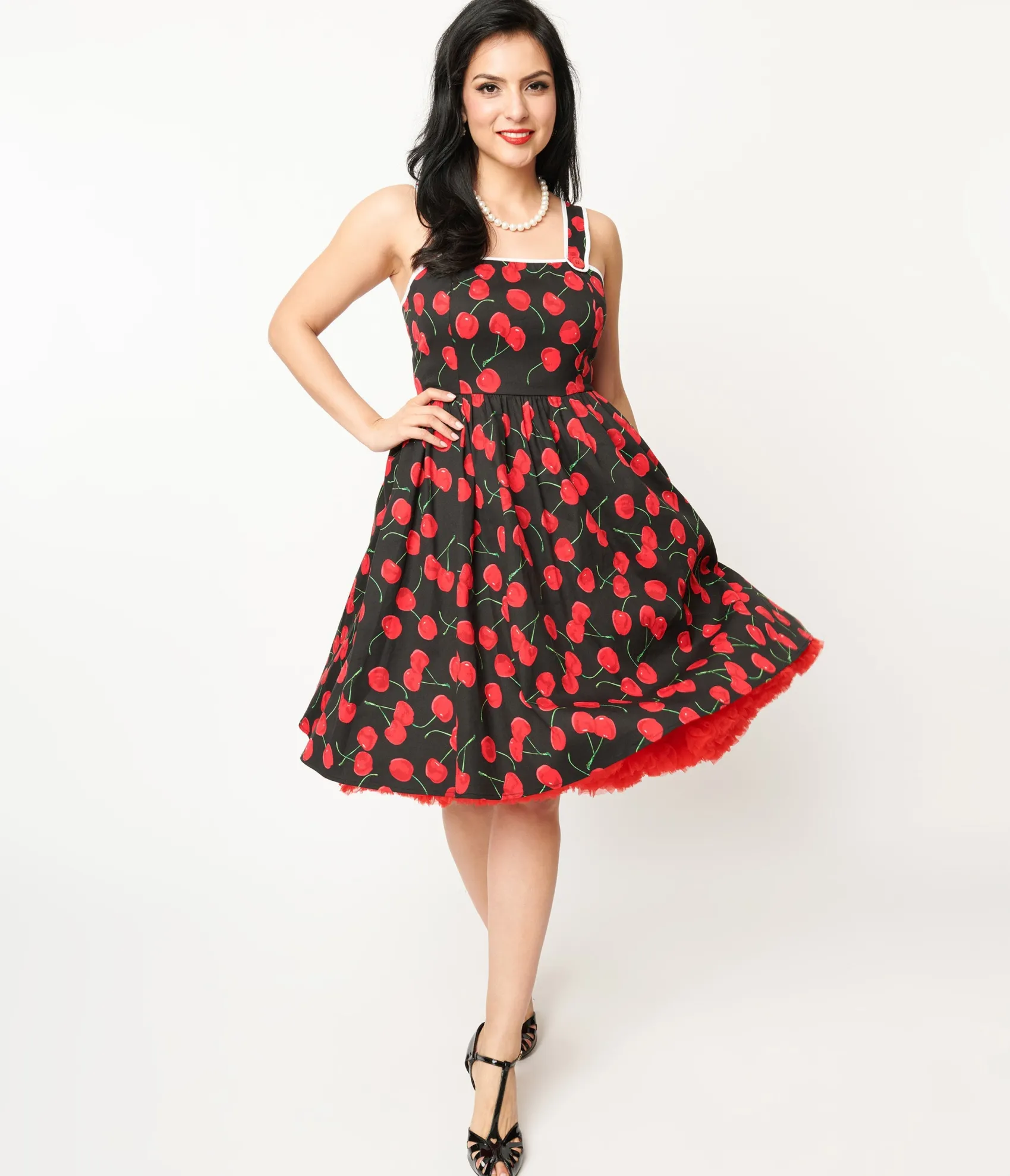 Unique Vintage 1950s Black & Cherry Print Cotton Pinafore Swing Dress Clearance