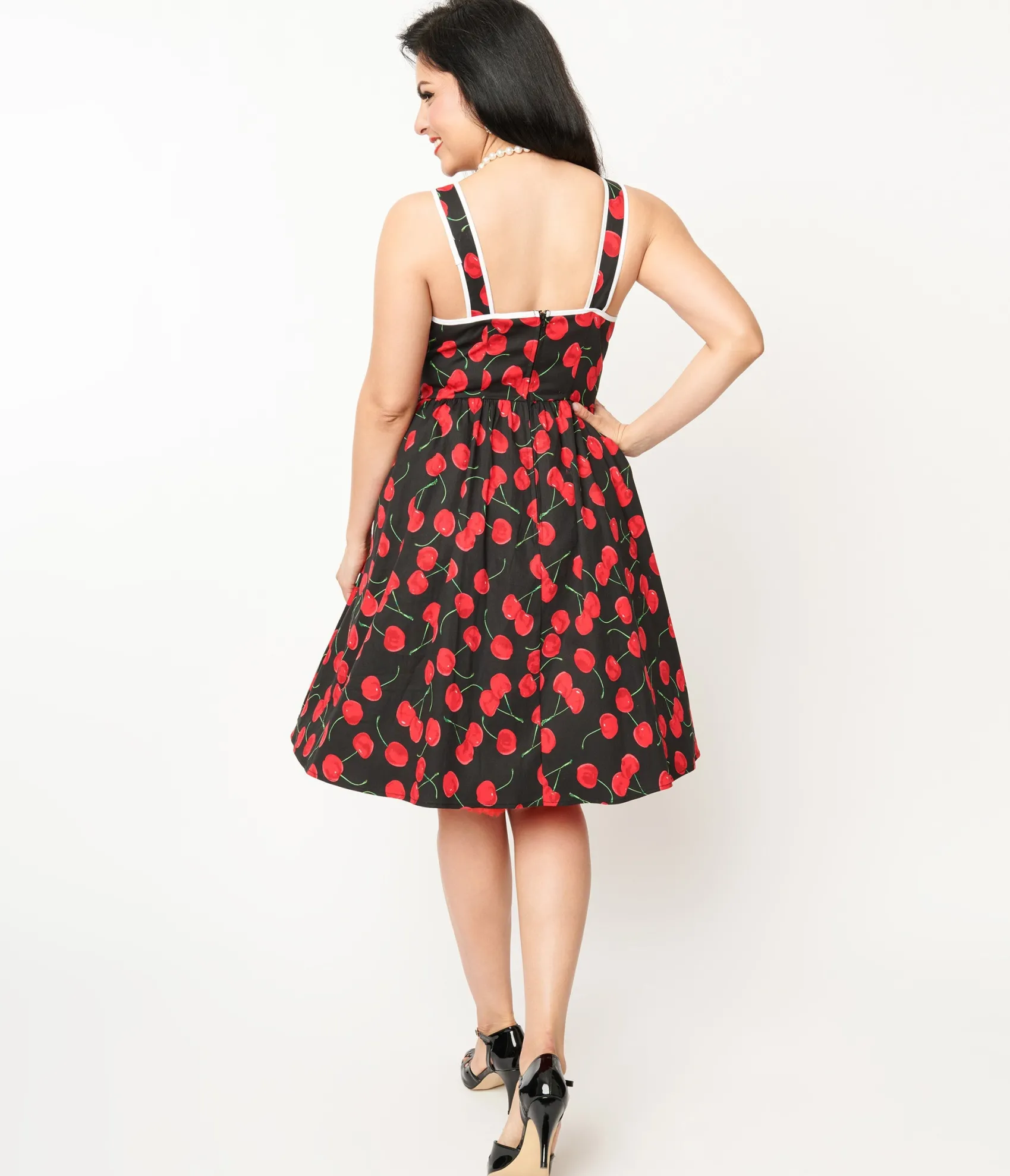 Unique Vintage 1950s Black & Cherry Print Cotton Pinafore Swing Dress Clearance