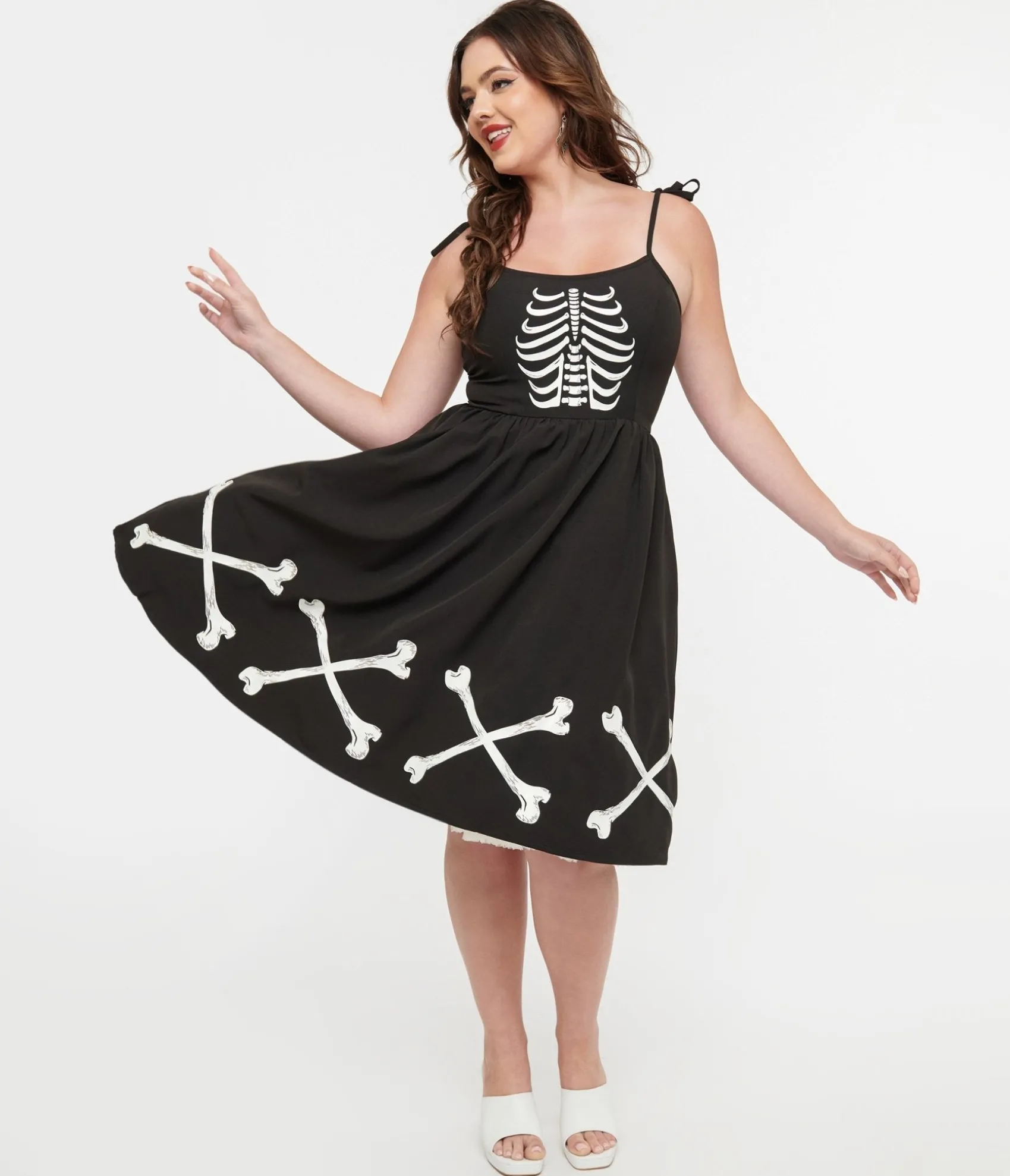 Unique Vintage 1950s Black & Glow in the Dark Skeleton Bobbie Swing Dress Hot