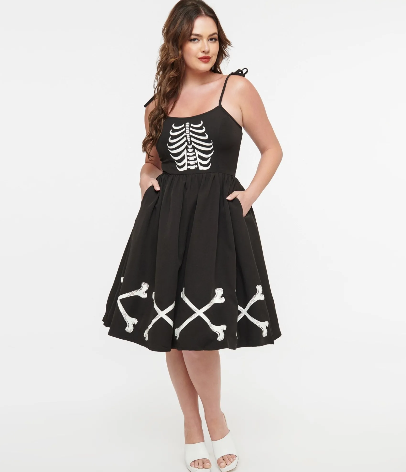 Unique Vintage 1950s Black & Glow in the Dark Skeleton Bobbie Swing Dress Hot