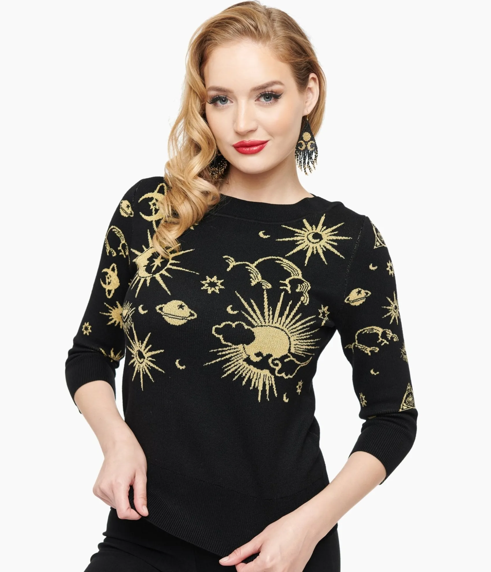 Unique Vintage 1950s Black & Gold Celestial Minou Sweater Store